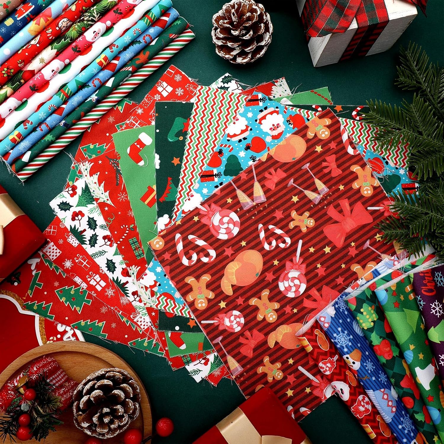 Irenare 100 Pcs 8 x 8 Inches Christmas Fabric Bundles Fat Quarters Santa Claus Precut Fabric Bundle Squares Xmas Tree Snowman Printed Sewing Patchwork for Xmas Winter DIY Crafts Quilting
