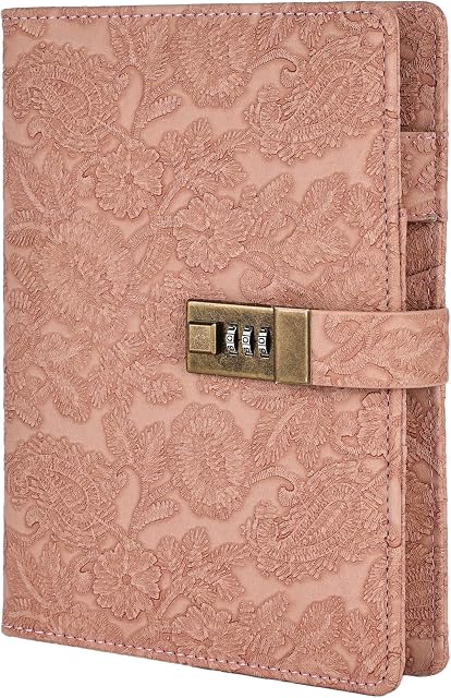 Vintage 6 Rings Binder Journal Notebook with Lock, A5 Hardcover Flower Secret Password Diary, Refillable Ruled Writing Paper for Women (Pink)