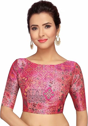 Studio Shringaar Women's Polyester Printed Saree Blouse With Elbow Length Sleeves