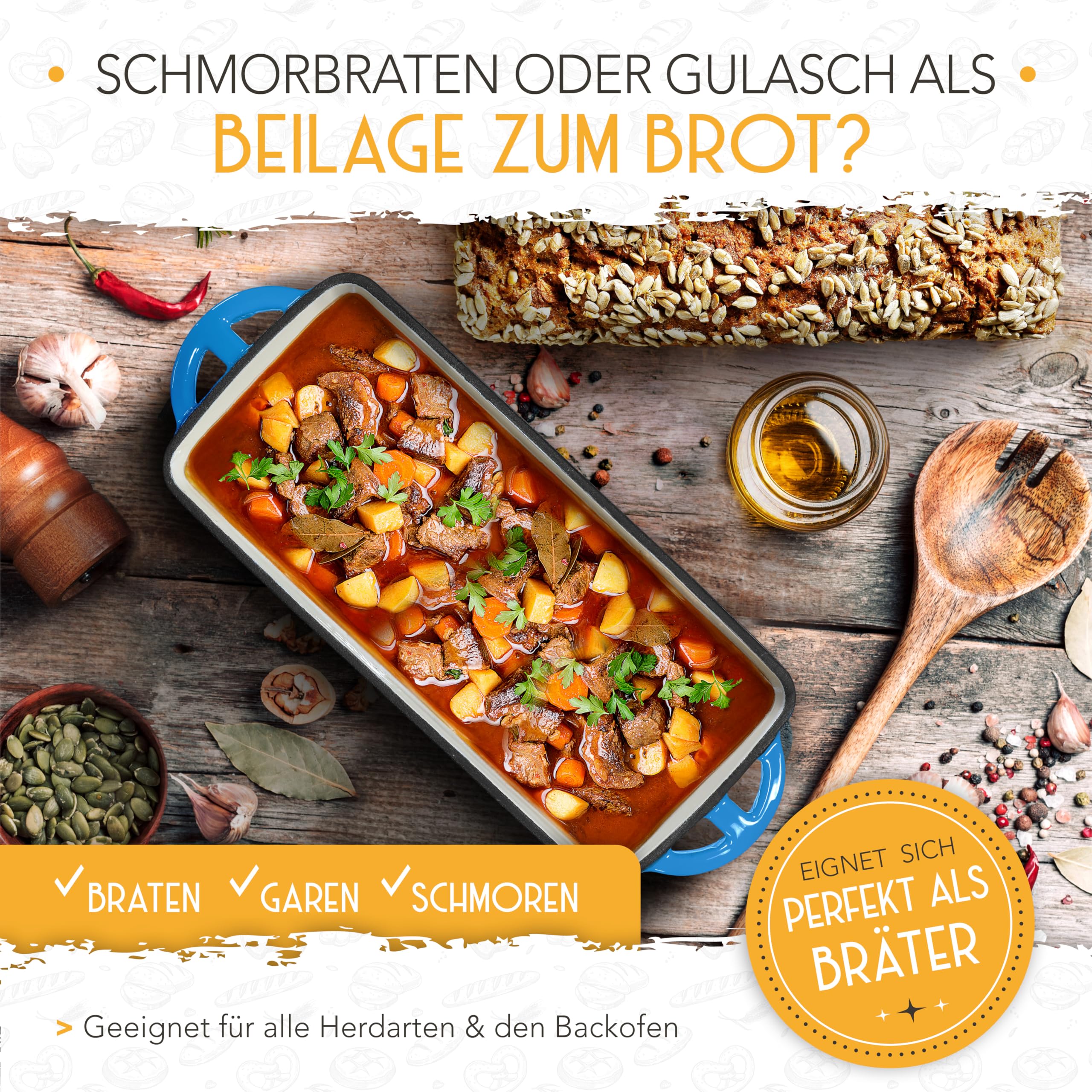 KRUSTENZAUBER Molde de pan esmaltado con tapa, incluye cesta de fermentación, molde robusto de 28 cm de hierro fundido, ideal como molde de caja, pan tostado, molde para pan, molde de pan, olla de