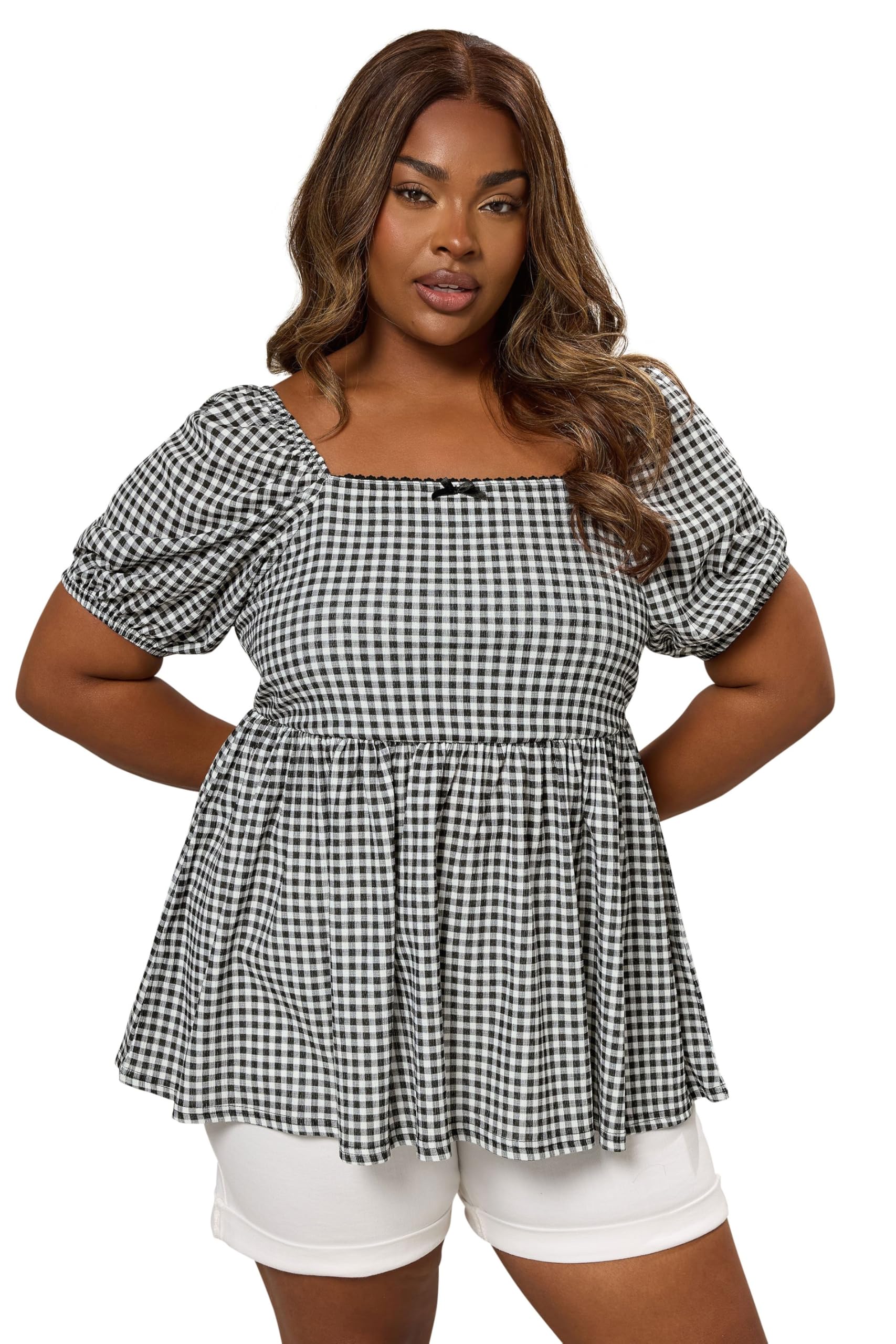 Yours - Women's Peplum Top - Gingham - Size 14 - Black