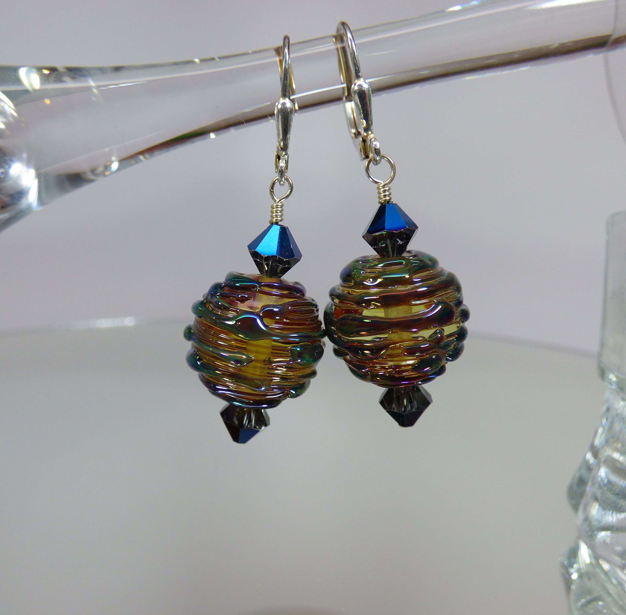 Artisan Silver Glass Lampwork Rounds with High Quality Crystal Accents and Sterling Silver Ear Wires