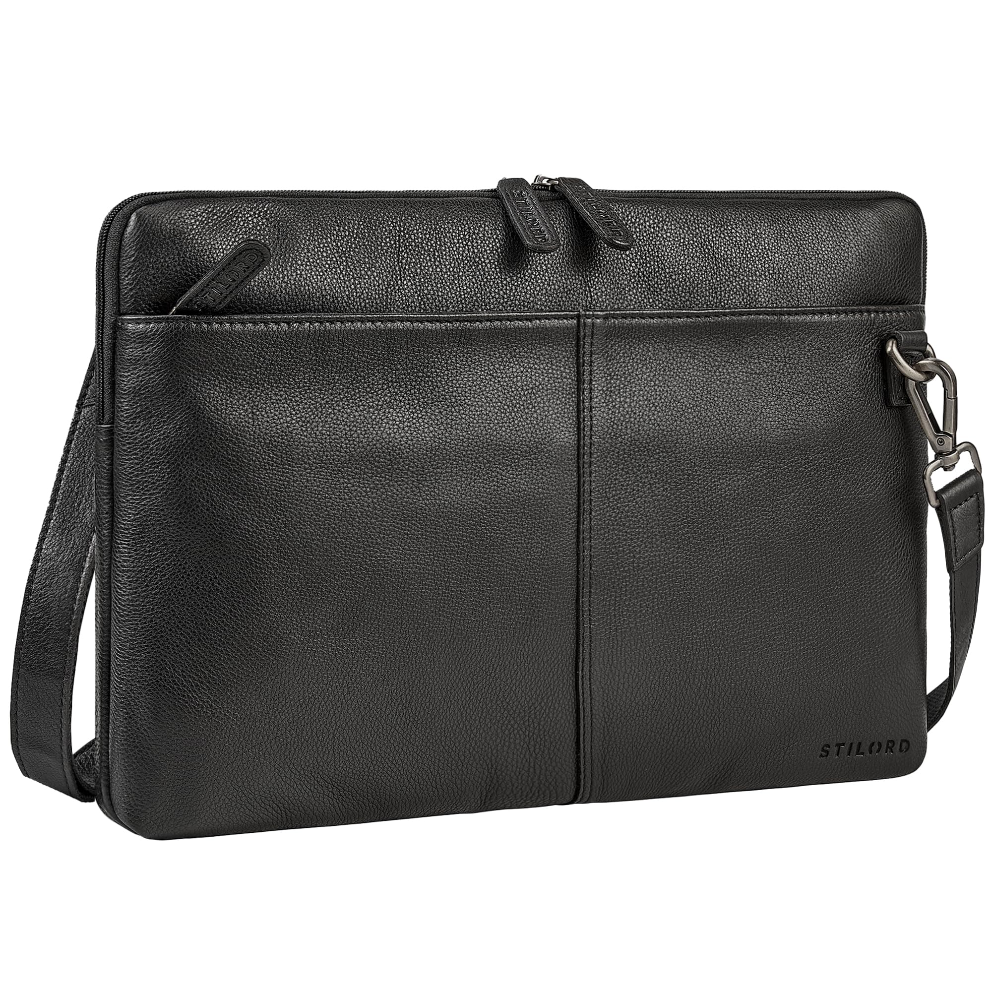 STILORD "Graham Vintage Laptoptasche Leder Schwarz 15.6 Zoll Aktentasche Herren Damen Notebooktasche Echtleder Laptop Sleeve Schmale Umhängetasche mit Schultergurt