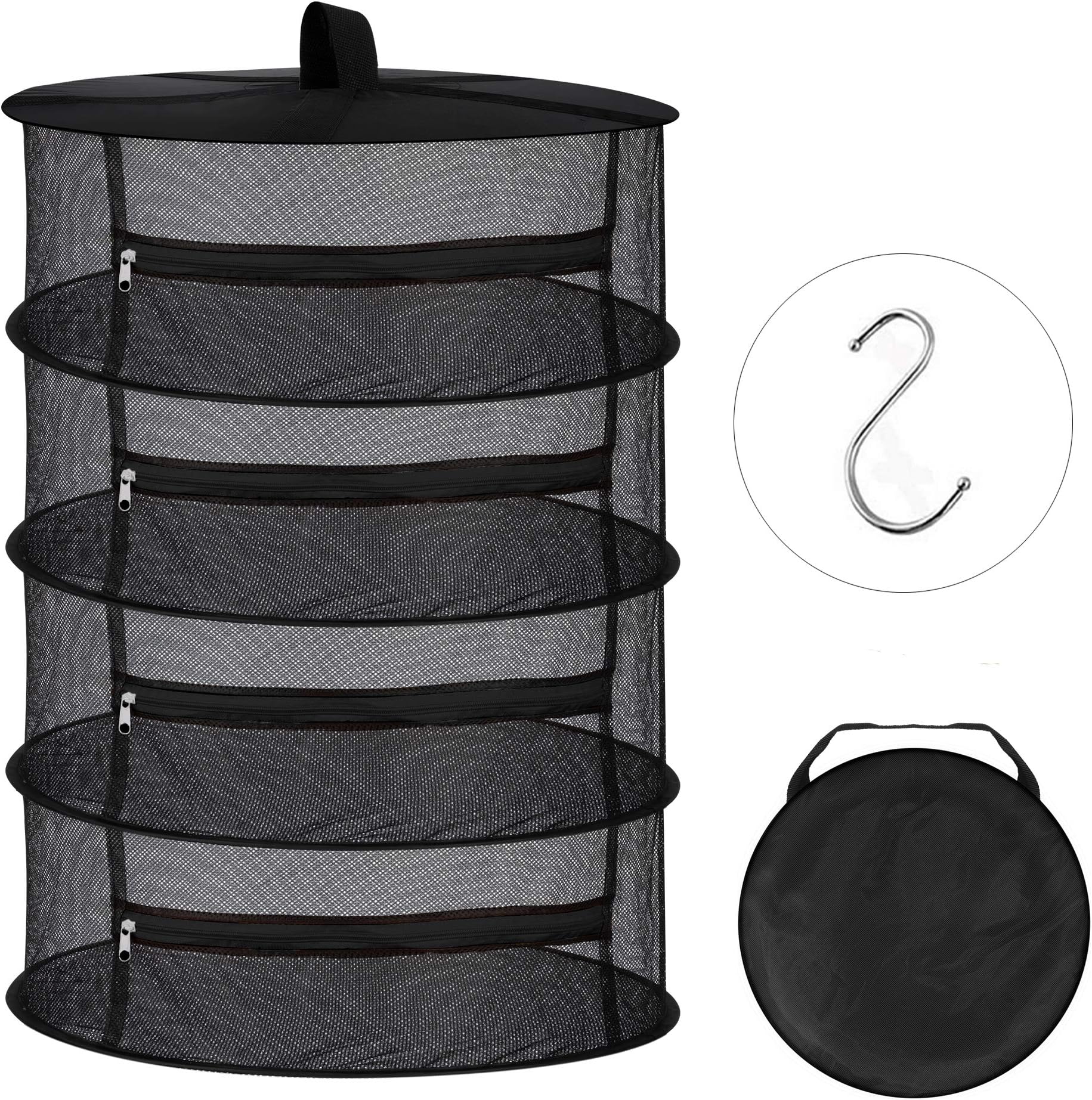 Hanging Dry Net 4 Layer Mesh Hanging Herb Drying Rack Drying Net with Zippers S Hang Buckle and Storage, Gift Bag, Black