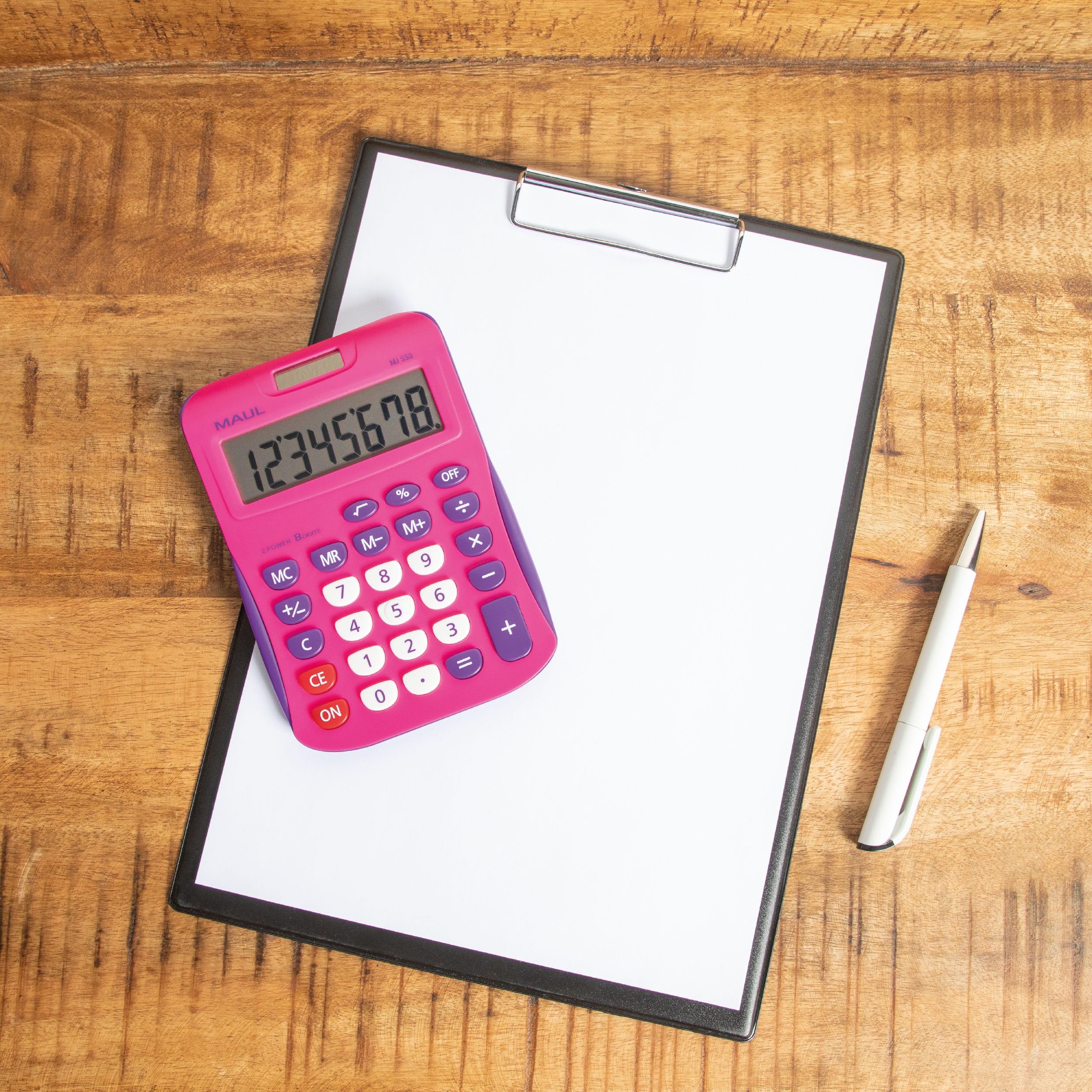 Maul calculadora MJ 450 | Calculadora Rosa con Pantalla de 8 dígitos | Calculadora Solar con utilización de la Pila en la Oscuridad | Calculadora pequeña 15,5 x 11 x 2,5 cm | Rosa