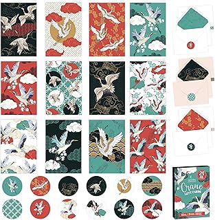 Decorably 24 Pack 4x6in Crane Note Cards with Envelopes and Stickers, 12 Adorable Designs Crane Cards Set, Blank Inside - Baby Shower, Kid's Party, Birthday, Wedding
