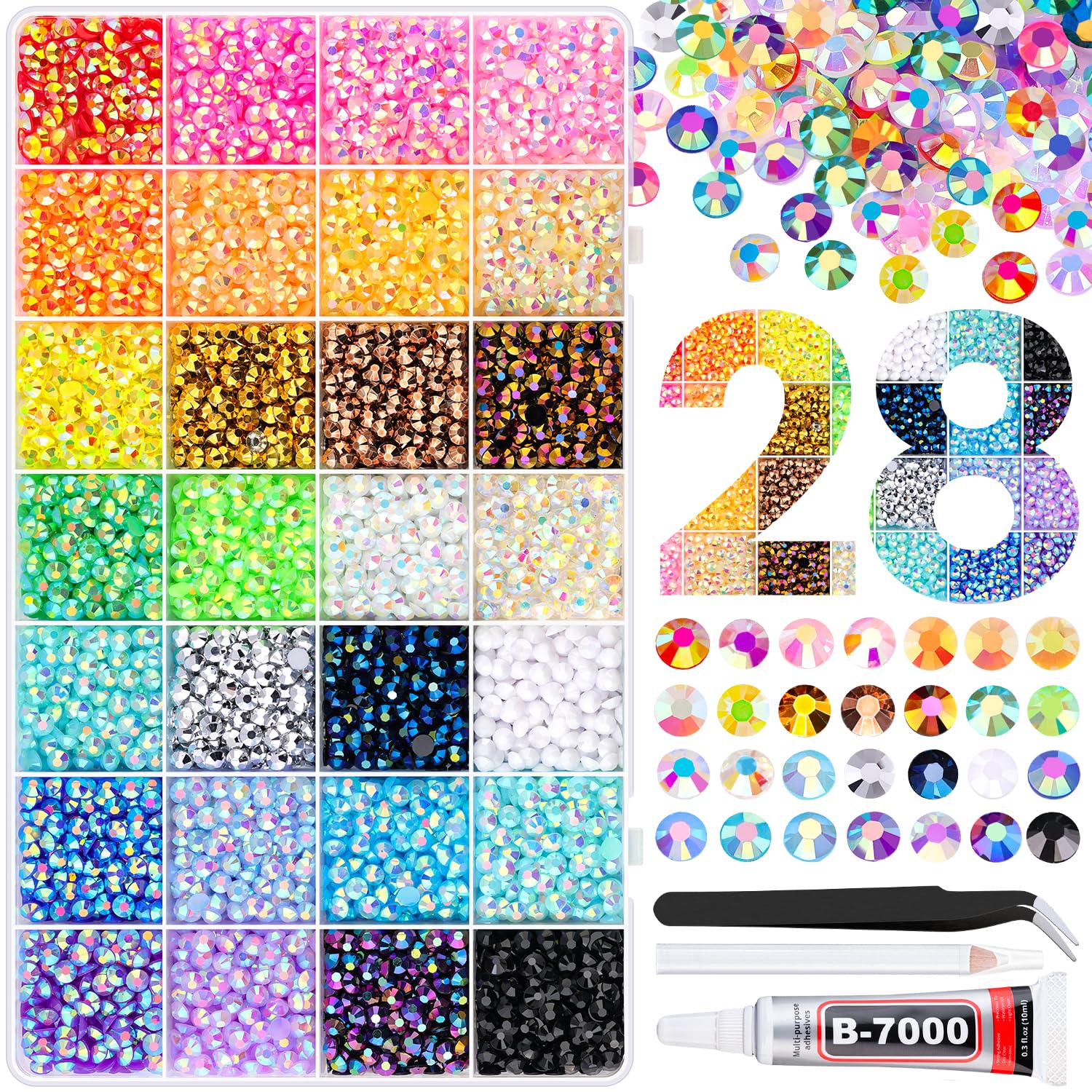 TINKRSTUFF8000Pcs Resin Rhinestones with Tweezers for Crafting, Mixed-Color 5mm Bedazzling Crystal with 1Pcs 10ml B7000 Jewelry Glue for DIY Crafts Clothing Tumblers Shoes Fabric Nail Art