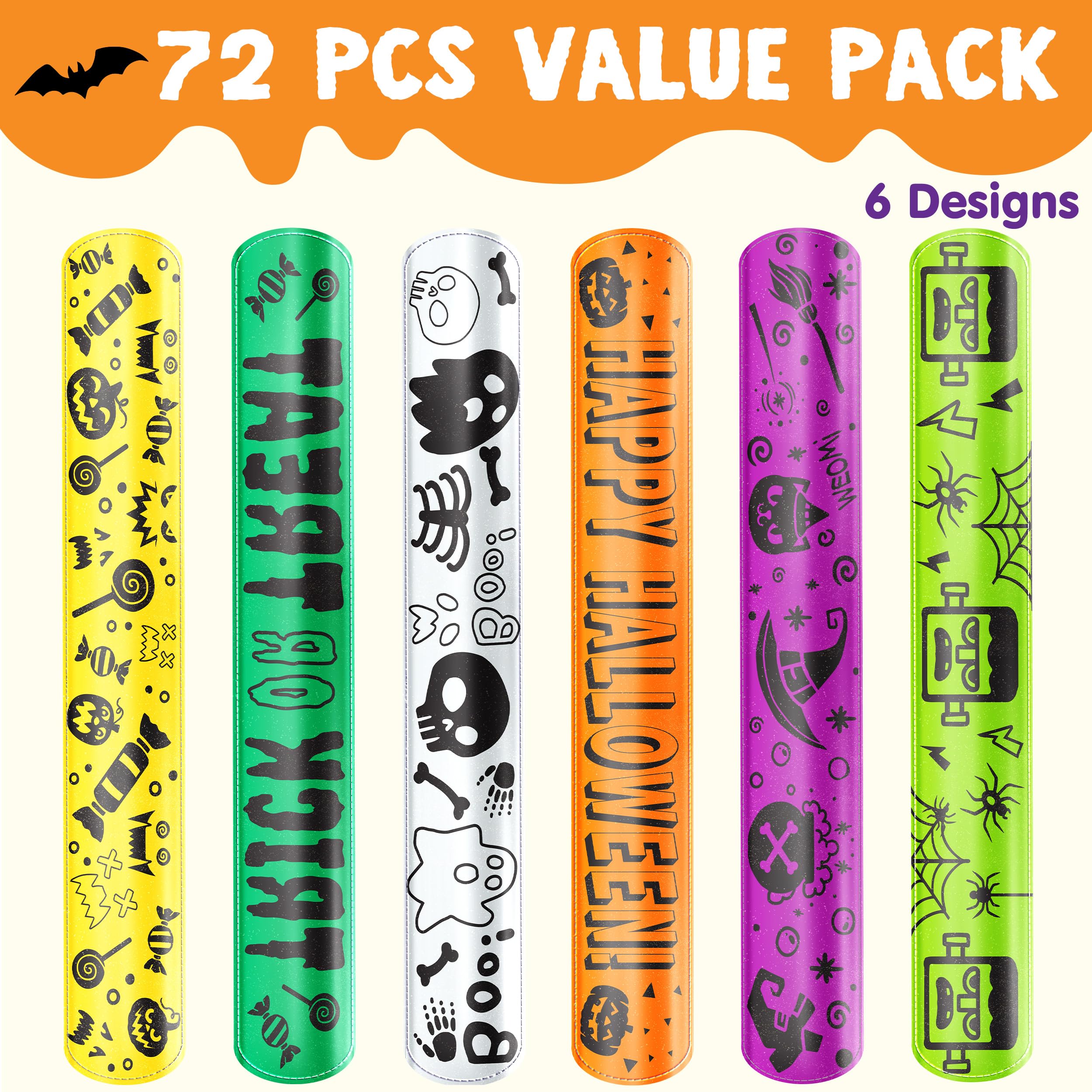 JOYIN 72 PCS Halloween Slap Bracelets, 6 Design Halloween Toys Bulk for Party Favors Kids Trinkets, Classroom Prizes, Exchanging Gifts - Image 2