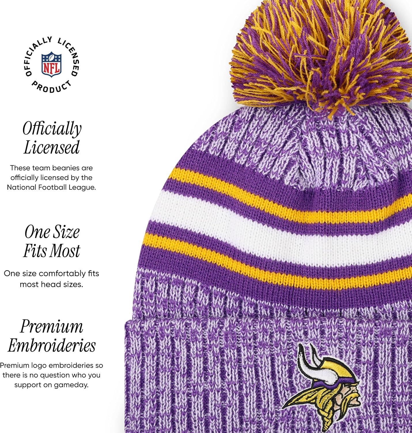 FOCO NFL Unisex-Adult NFL Team Logo Heather Stripe Pom Beanie Hat