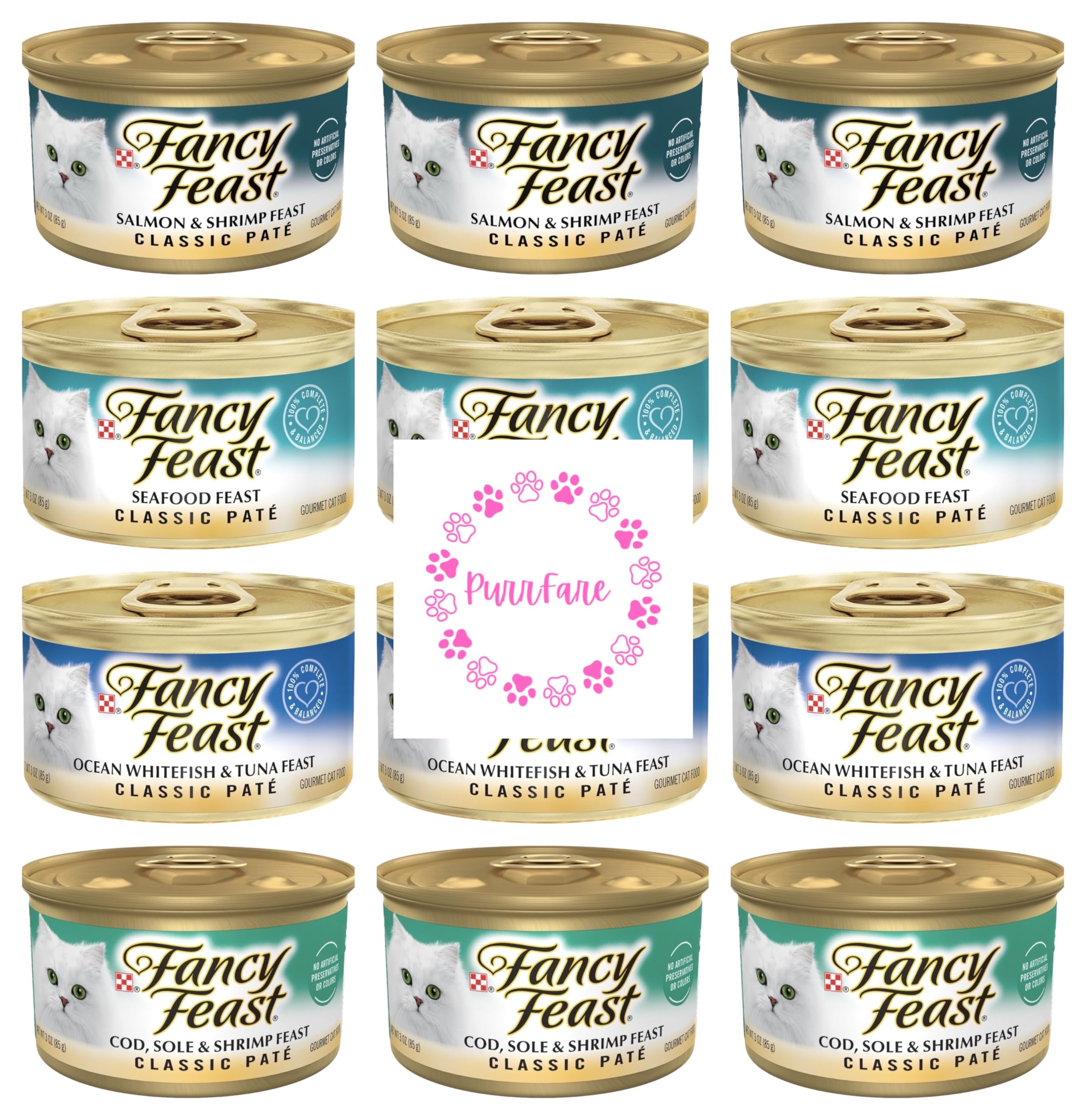 Classic Pate Seafood Wet Cat Food Variety Pack (4 Flavors),3 Cans Salmon, 3 Cans Cod Sole & Shrimp, 3 Cans Ocean Whitefish and 3 Cans Seafood,(12) 3 Oz Can