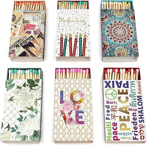 Caja decorativa de fósforos 4 pulgadas de largo para velas con huelga Velas coloridas de madera a juego con puntas de arco iris Caja de 50 piezas