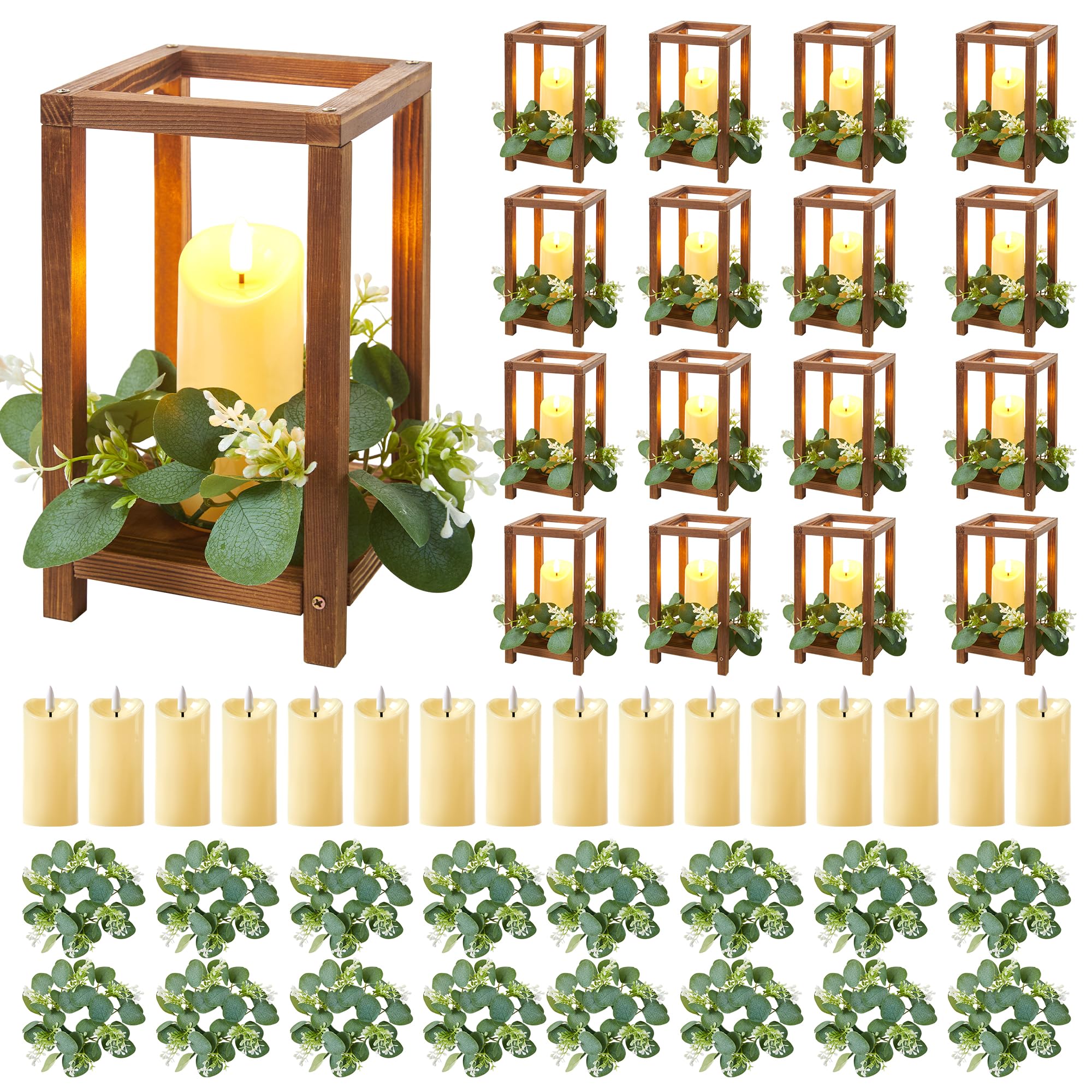 48 Pcs/16 Set Wooden Wedding Lantern Centerpiece,Wooden Centerpieces for Tables-with 16 Holders 16 Candles 16 Wreaths for Rustic Table Decoration Country Barn Wedding Party (Brown)
