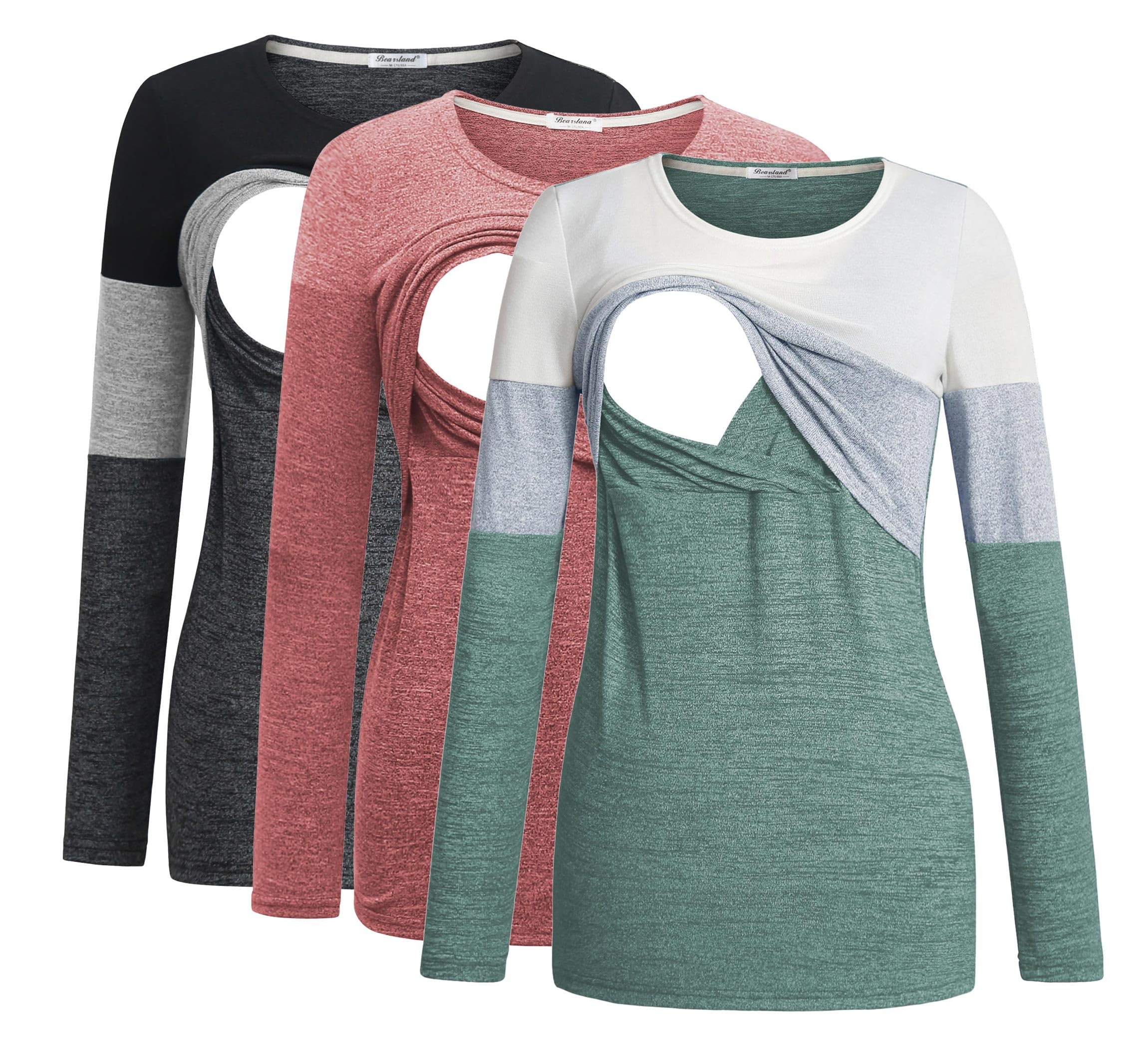 Bearsland Damen Umstandskleidung Langarm Stillshirts Stilltop 3er-Pack