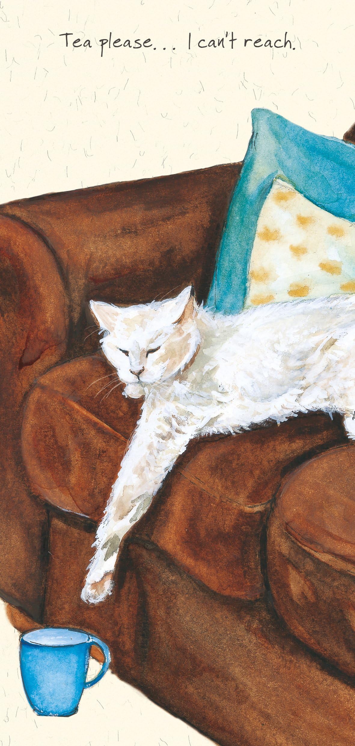 Pearl the Lazy White Cat funny BLANK greeting card - Cup of Tea please