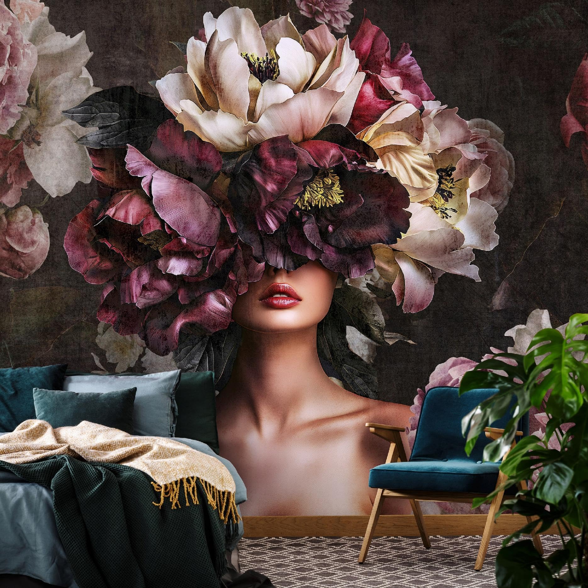 WallArena - Carta da parati fotografica - Donna Peonie 400x280 cm - Murale fotografico - Per soggiorno e camera da letto - Effetto 3D - con Colla - Rose Fiori Glamour