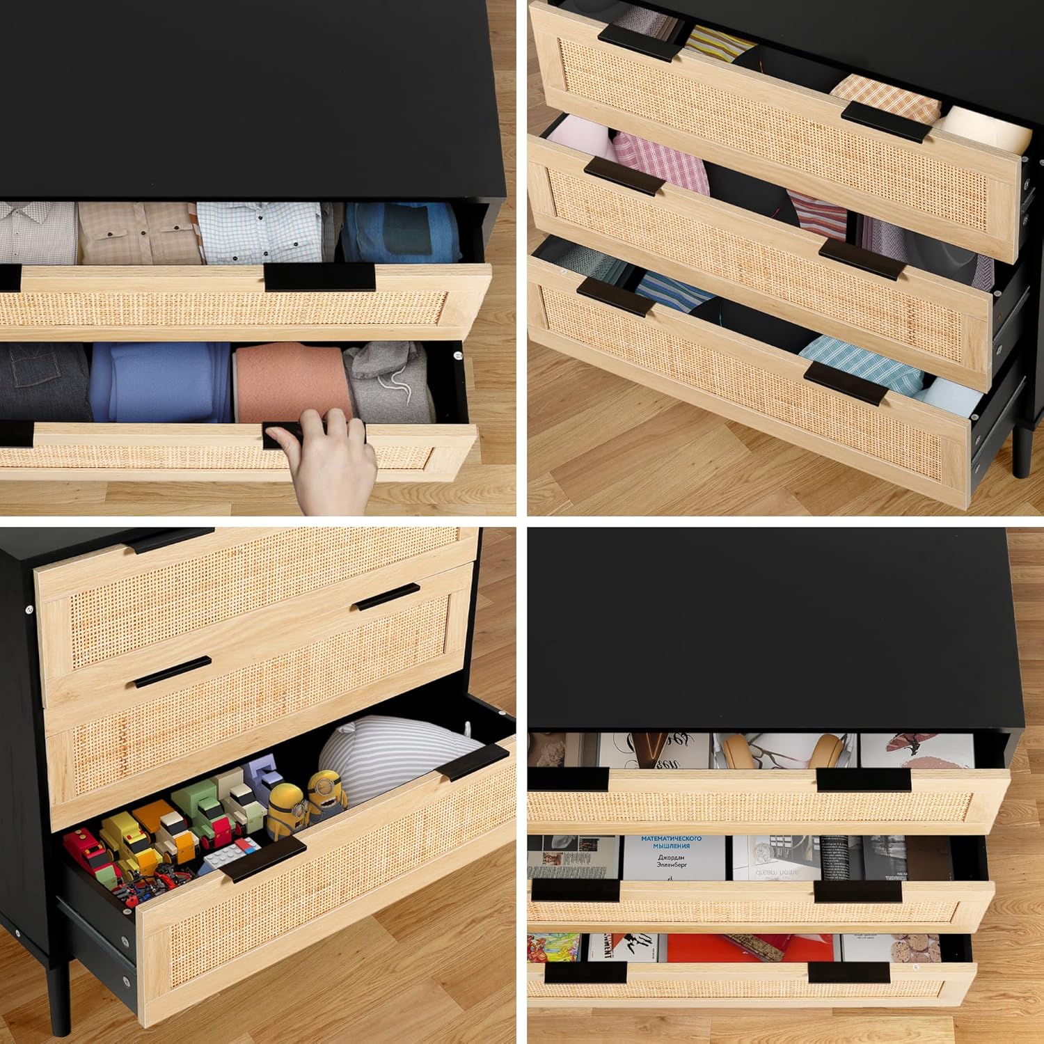 Black and Natural Wood Mid-century Modern Rattan 3-Drawer Dresser