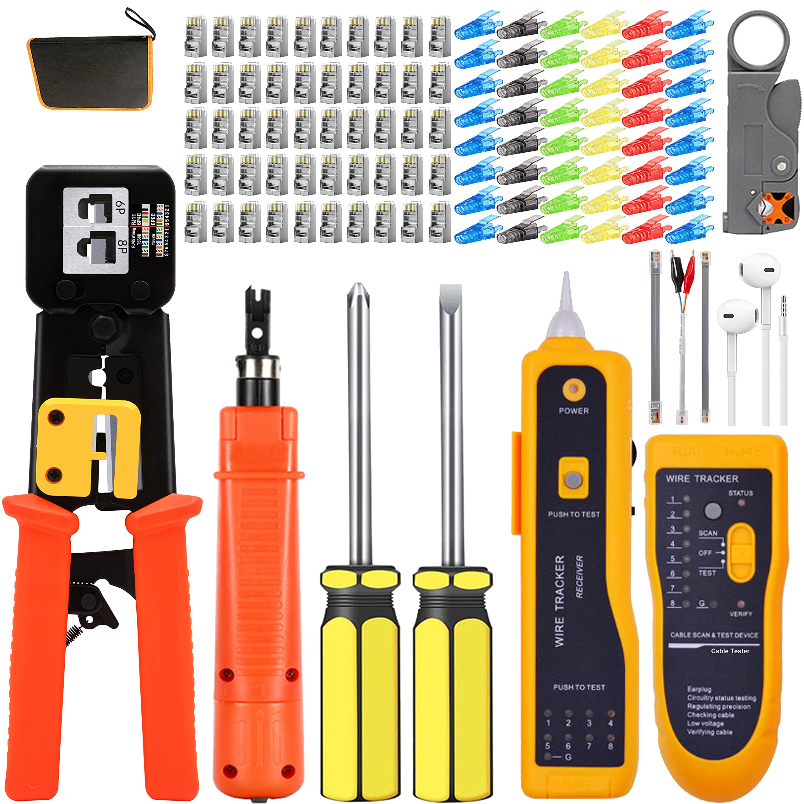 LEATBUY Network Tool Kit Set, Cable Tester Repair Tools Wire Stripping Cutter, Coax Crimper Plug Crimping, Punch Down RJ11 RJ45 Cat5 Cat6 Wire Data Detector Stripper (Yellow), DRED-63S
