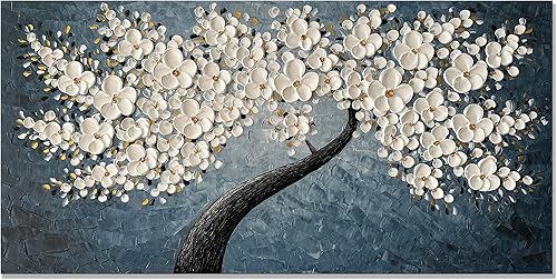 zoinart 3D Floral Oil Paintings on Canvas Wall Art 40x20 Inches Abstract White Flower Modern Canvas Wall Art Contemporary Tree Art Texture Artwork