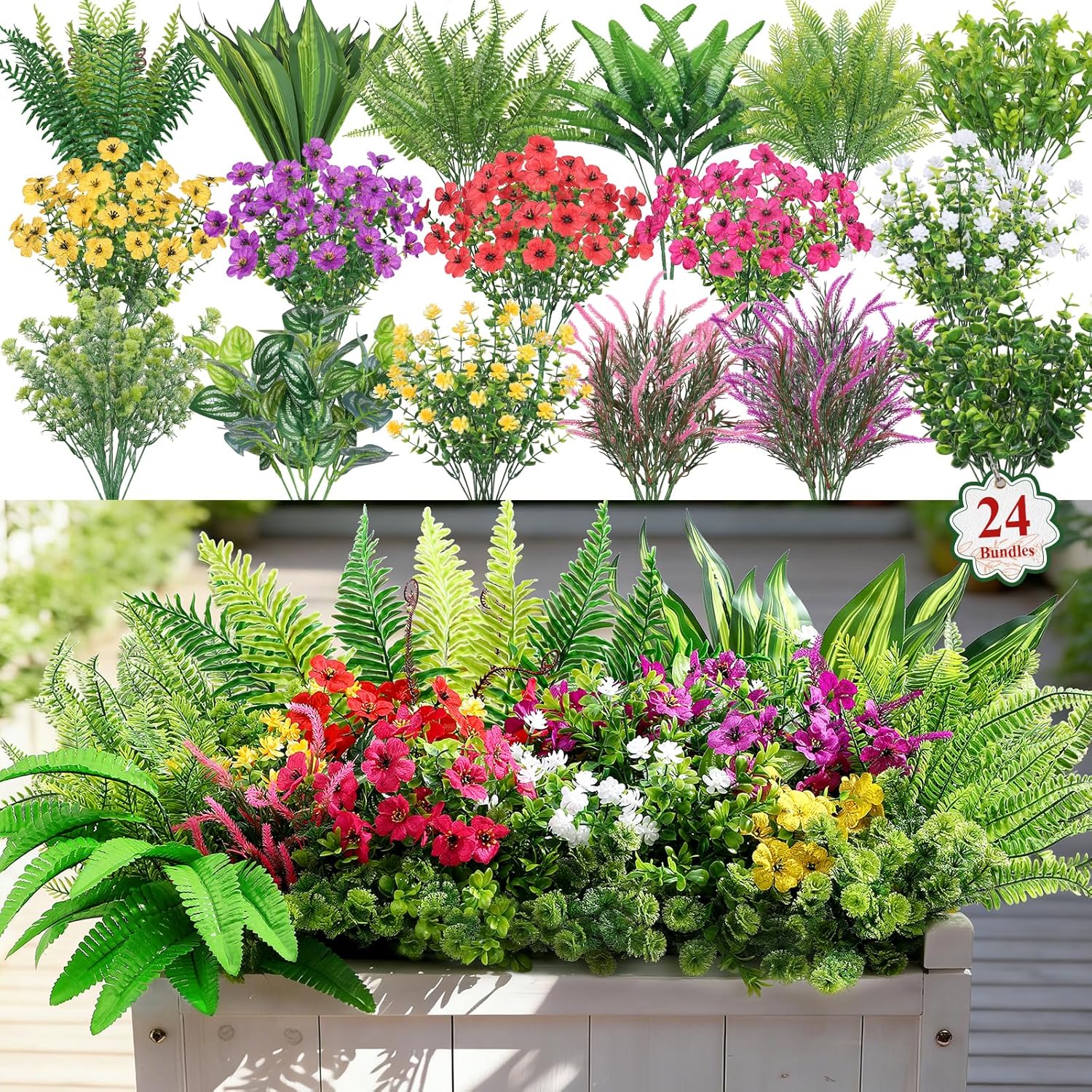 Alupssuc 24 Pcs Artificial Flowers and Plants, UV Resistant & No Fade Fake Plastic Greenery Shrubs for Home Garden, Pathway, Front Porch-Spring Summer Decor, Indoor/Outdoor Use,Red Rosy Purple Yellow