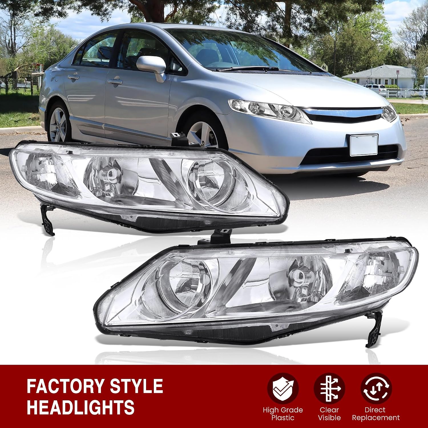 AJP Distributors Chrome Housing Clear Lens Clear Reflector Signal Headlights Bumper Lamps Assembly Pair Compatible/Replacement For Civic 4-Door Sedan FA 2006 2007 2008 2009 2010 2011 06 07 08 09 10 11