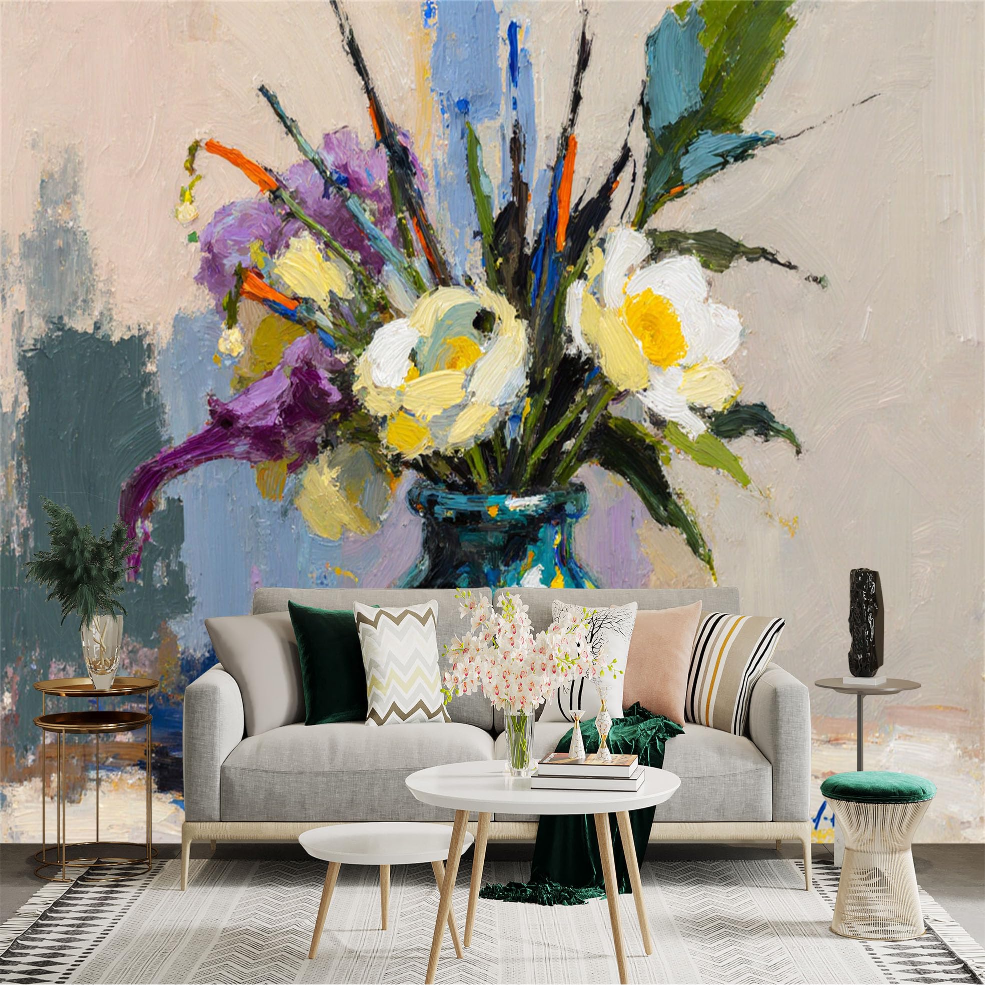 Custom Size Wall Sticker Mural， Impressionist Oil Painting of Flowers in a Blue Vase， Colorful Floral Still Life Artwork， for wall Decoration， peelandstick wall Decals.