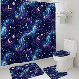 Moon Shower Curtain Sets, Celestial Fanciful Star Swirl Winter Navy Waterproof Fabric Bathroom Set with Print Cloth Curtains and Rugs for Bath Bathtub Apartment Decor 72x72 Inch