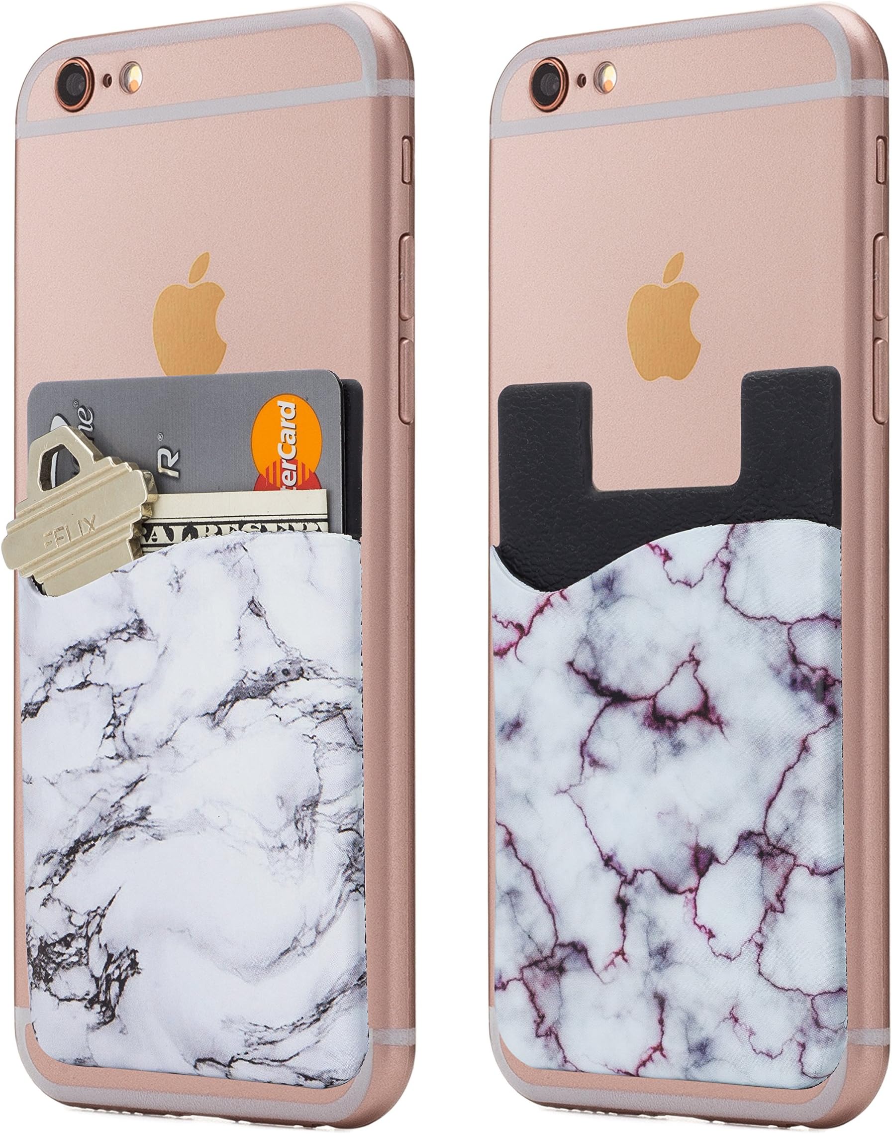 Marble Cell Phone Stick On Wallet Card Holder Phone Pocket for iPhone, Android and All Smartphones - White - 2 Piece