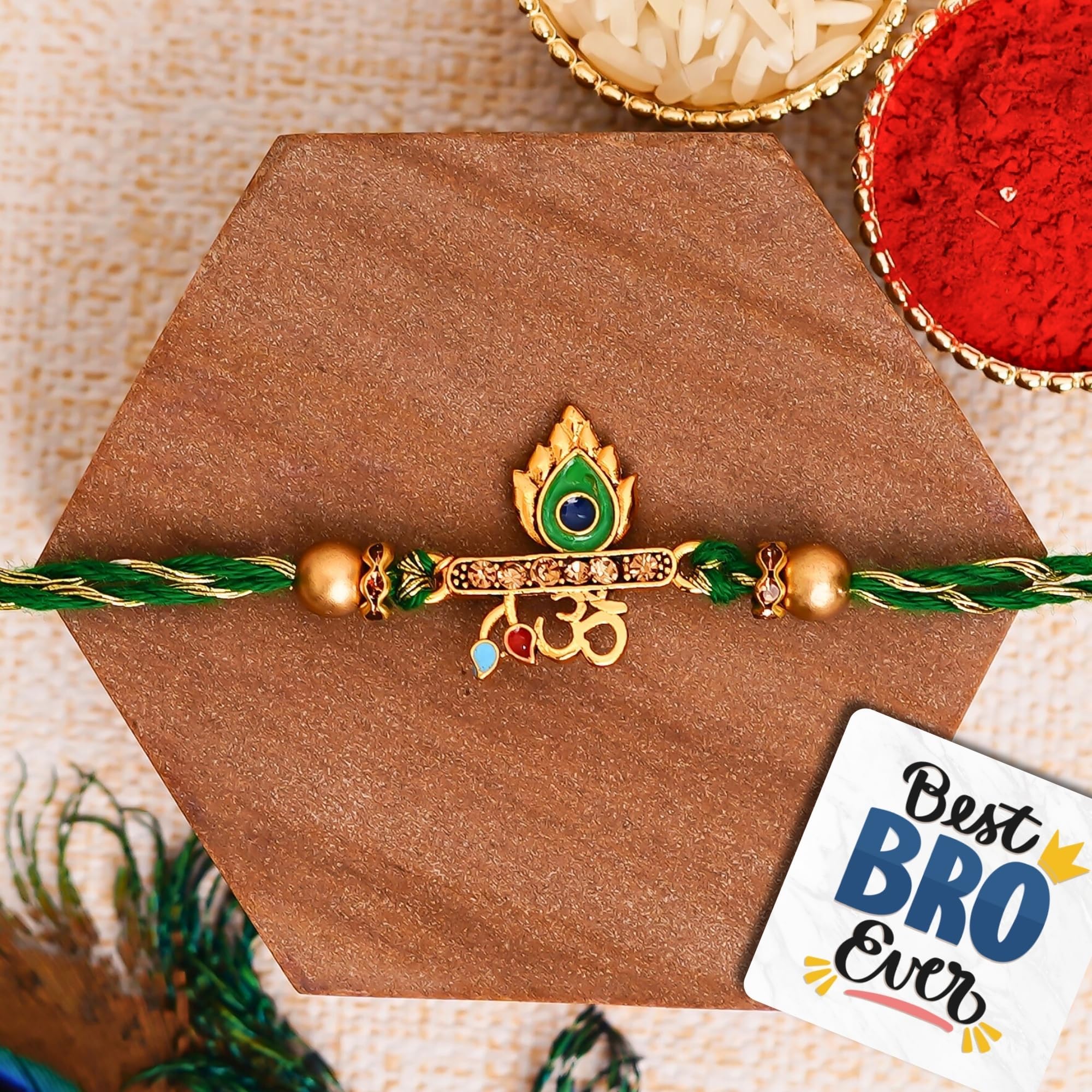 Green & Golden Om & Peacock Feather Religious Designer Rakhi with Roli Chawal Pack and Best Bro Ever Fridge Magnet - Rakhi for Brother, Bhaiya, Bhai
