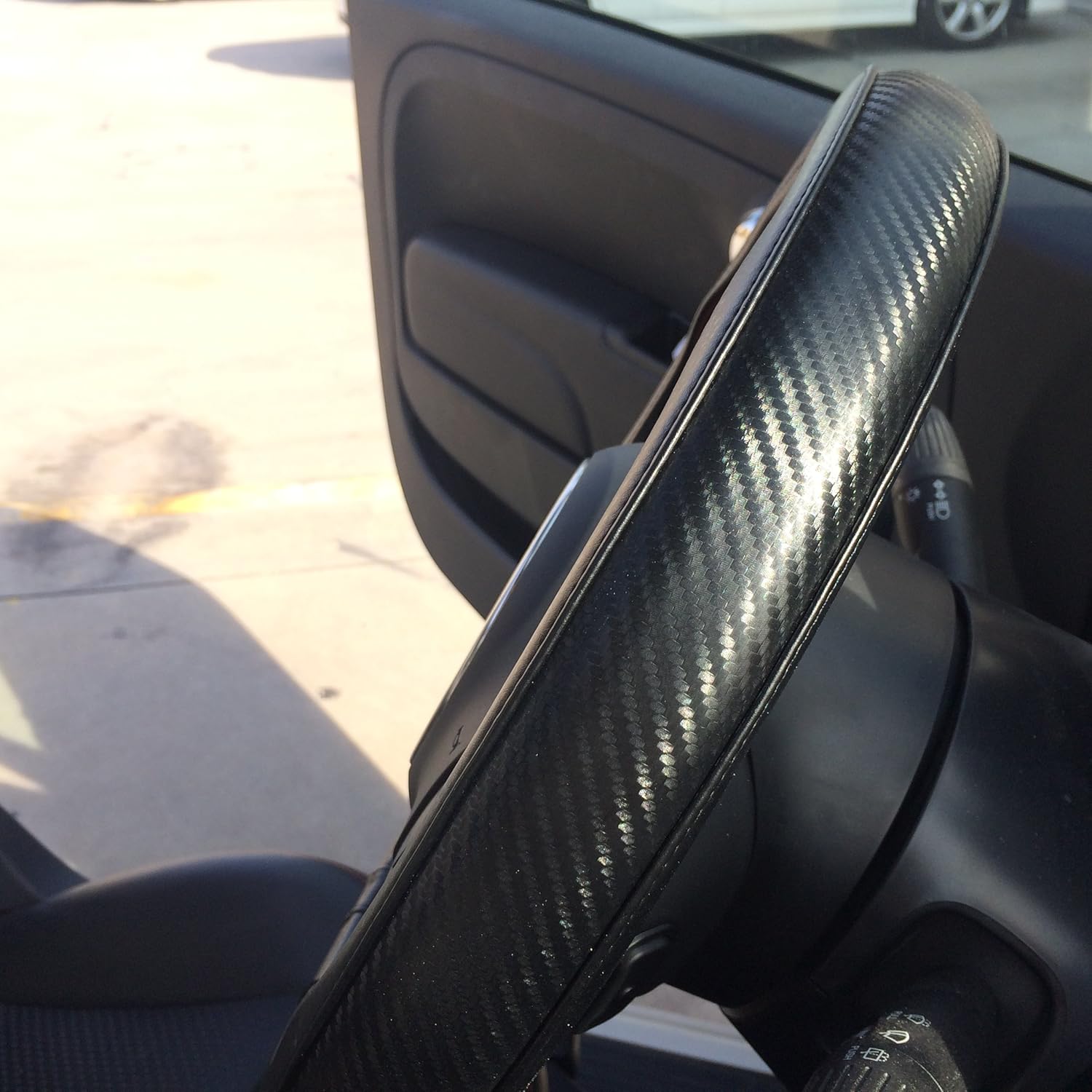 Black PVC Leather Carbon Fiber Style Steering Wheel Cover 14.75" Diameter 4" Grip Circumference 51211