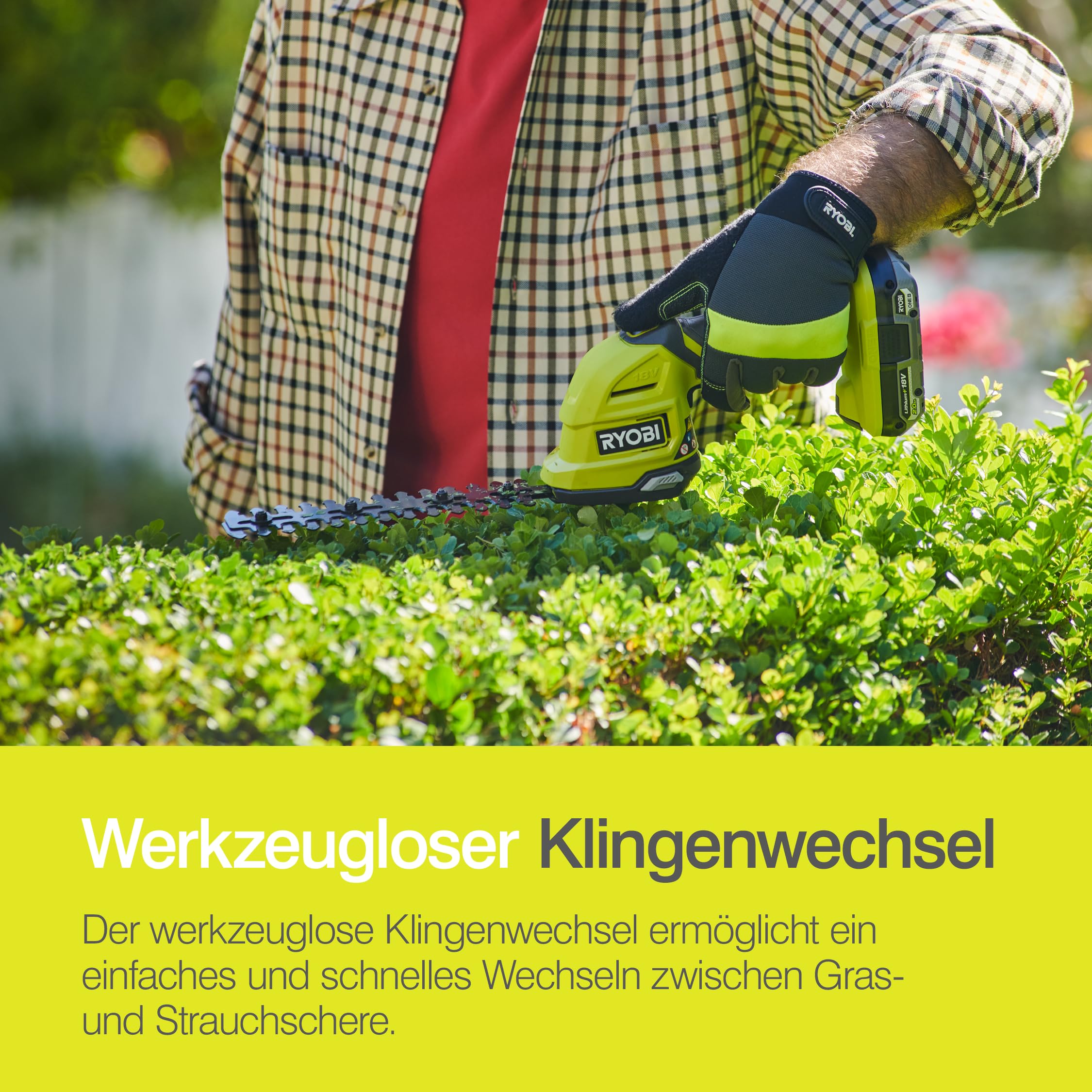 RYOBI 18 V ONE+ Akku-Gras- und Strauchschere RY18GSA-0 (Grasscherenmesser 12 cm breit, Strauchmesser 20 cm lang, werkzeuglose Messertausch, ohne Akku & Ladegerät im Karton)