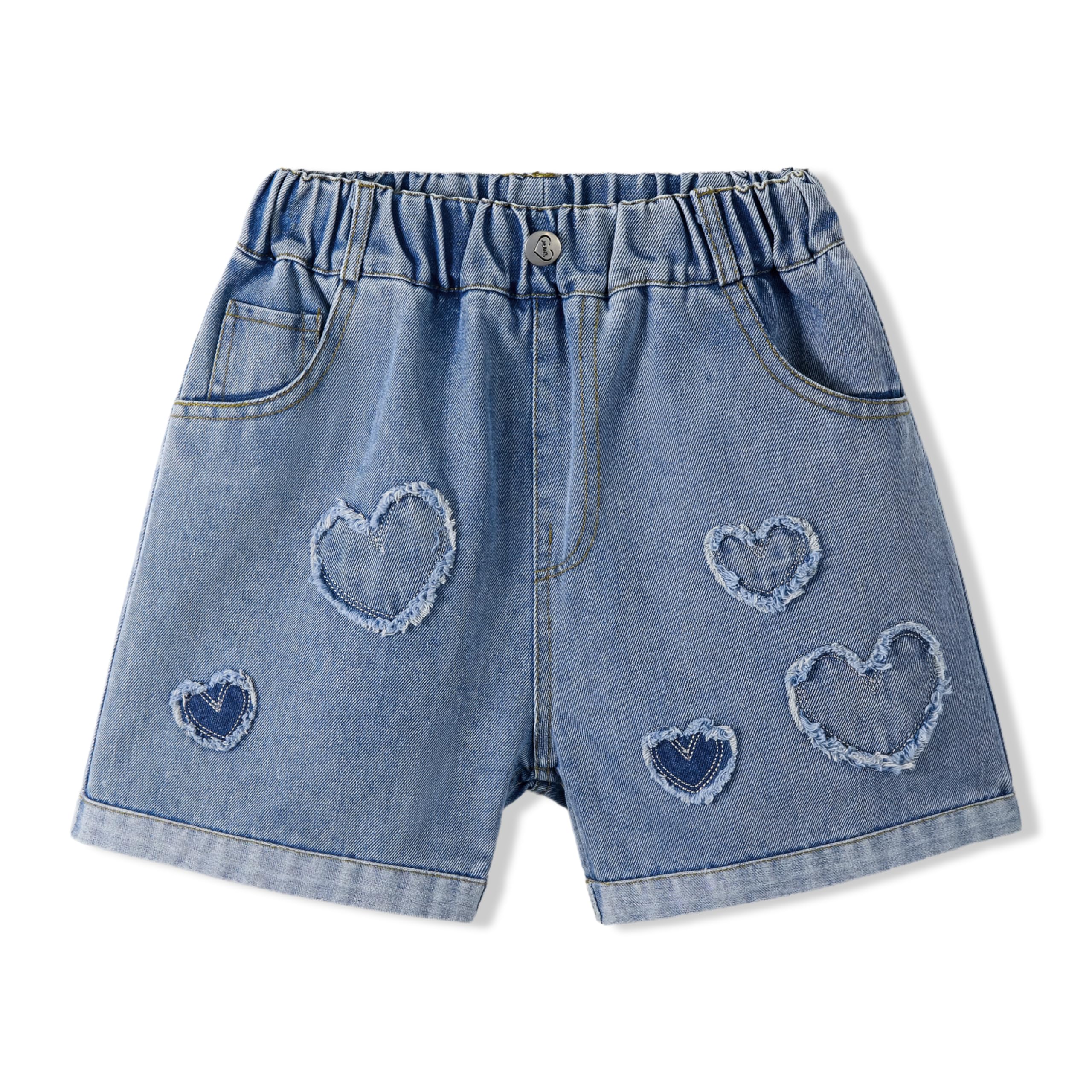 Rolanko Vaqueros Pantalones Cortos para Niñas, Cintura Elástica, Rasgados Jeans Cortos de Verano con Bolsillos para Niños