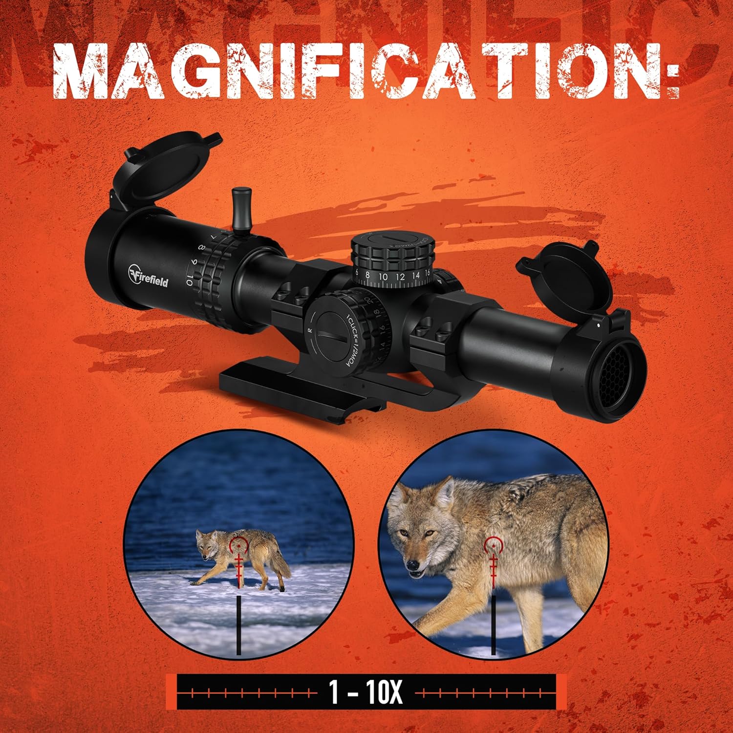 Riflescope showing magnification range from 1x to 10x