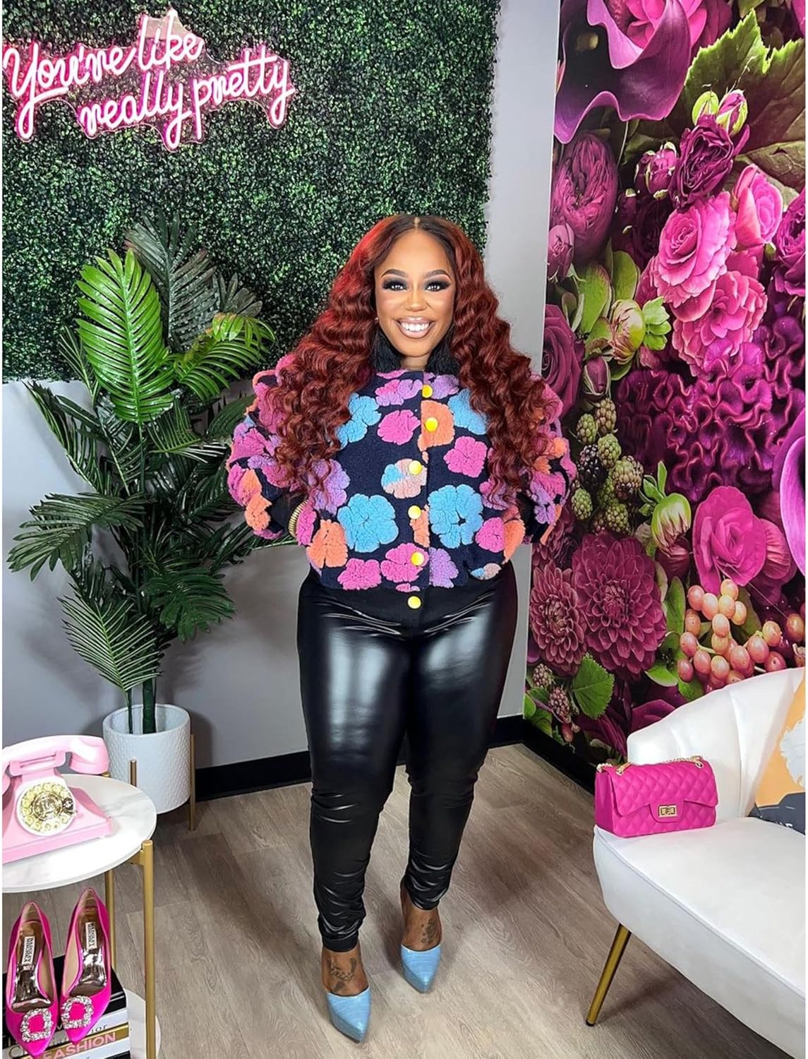 Womens Cropped Floral Print Jacket Warm Fleece Bomber Jacket Casual Button Down Coats Fall Puff Outerwears - Image 5