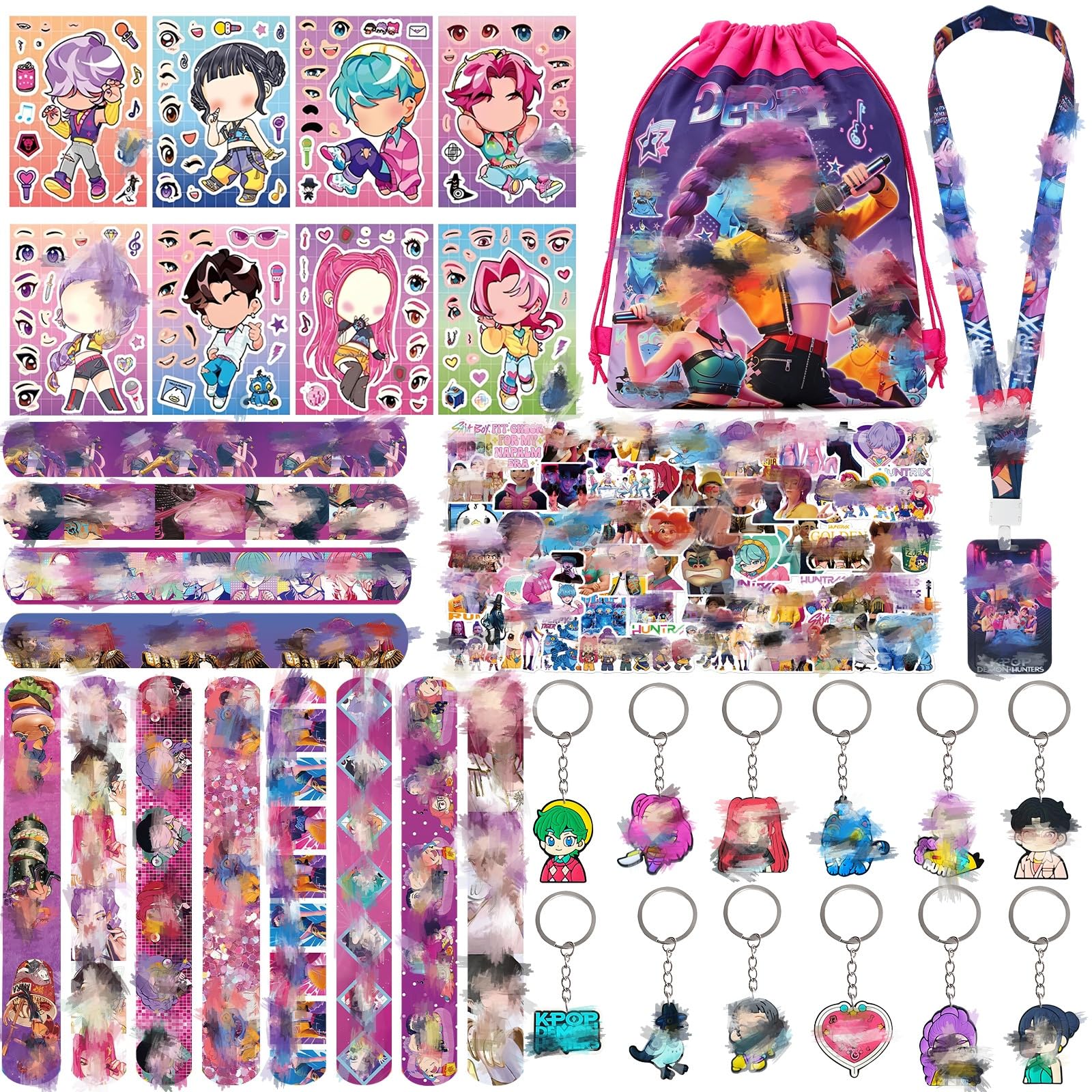 103 PCS Kp0P Party Bag Fillers for Kids, Kids' Party Favours With Drawstring Bag Card Holder 8 Puzzle Stickers 12 Keyrings 12 Snap Bands 69 Stickers for Childrens Stocking Fillers for Boys Girls — image 1