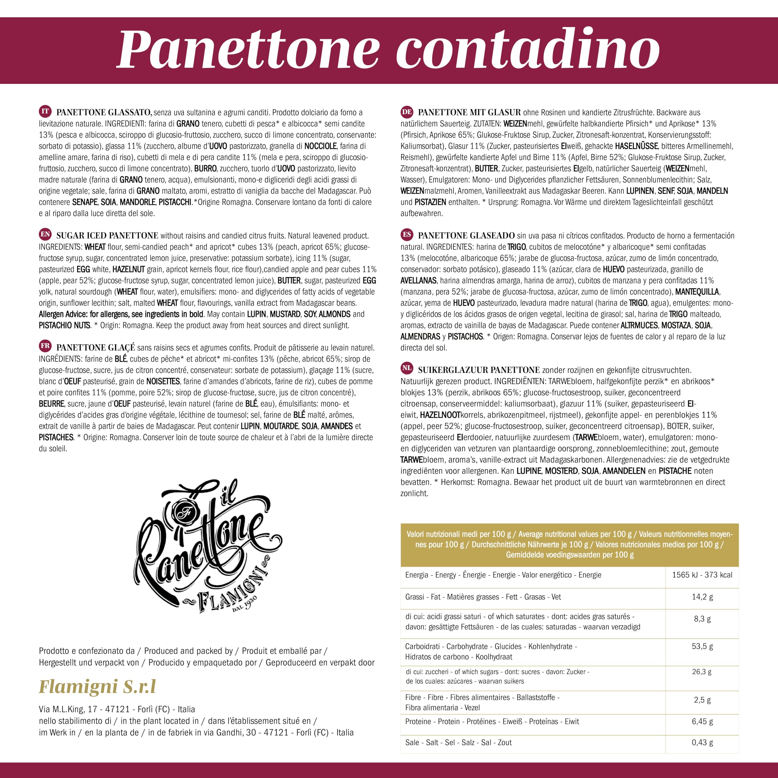 FLAMIGNI, Panettone Artisanal Italien à la Poire, Pêche, Pomme et Abricot Confit, avec Glaçage aux Noisettes, Amandes et Sucre, sans Raisins Secs, Emballage Cadeau avec Décoration pour Noël, 1kg