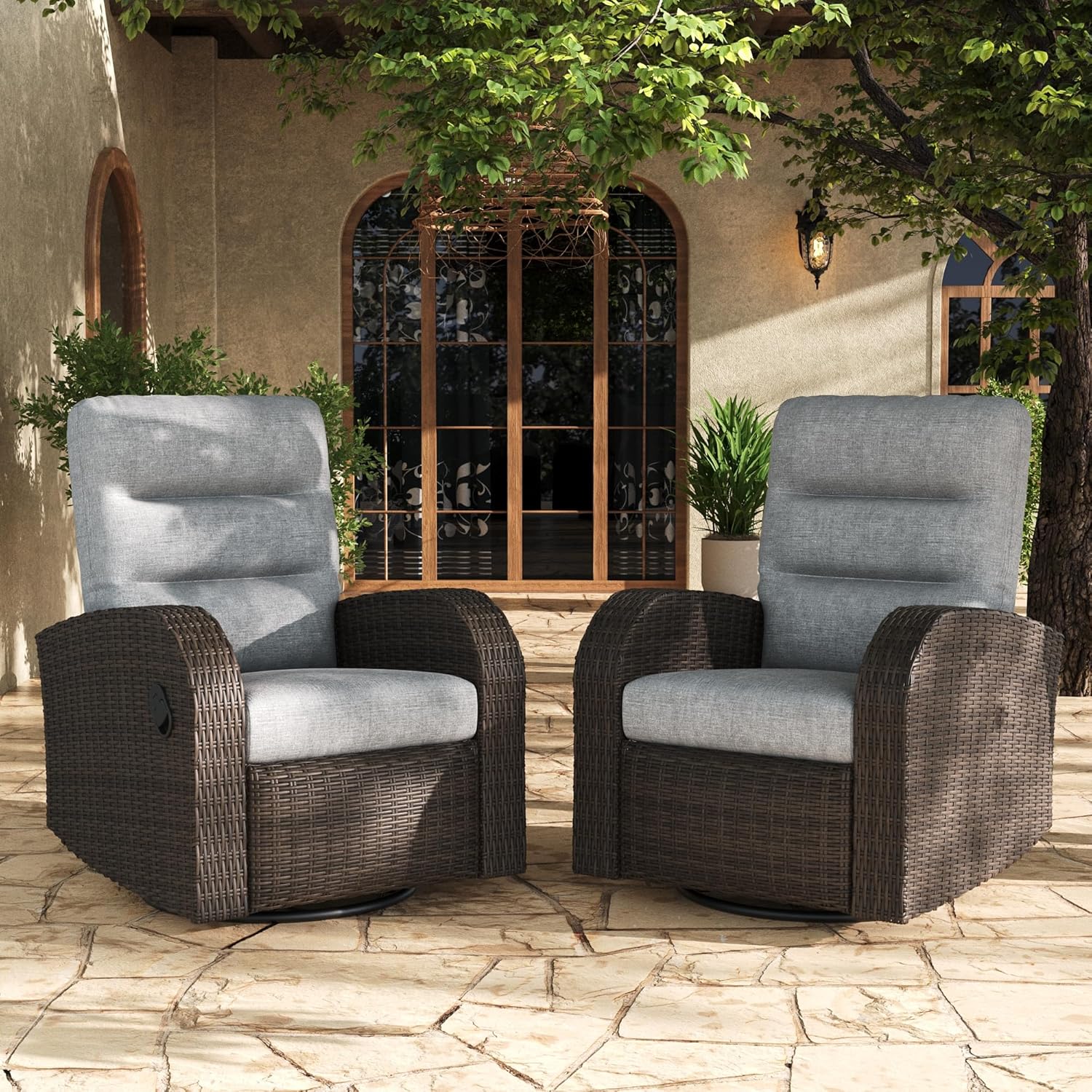 LayinSun Oversized Wicker Outdoor Swivel Glider Recliner with Adjustable Backrest & Footrest, Patio Reclining Lounge Chair - Set of 2