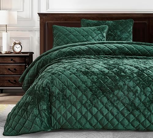 Chezmoi Collection Lux Forest Green Velvet Quilt Oversized King Set,