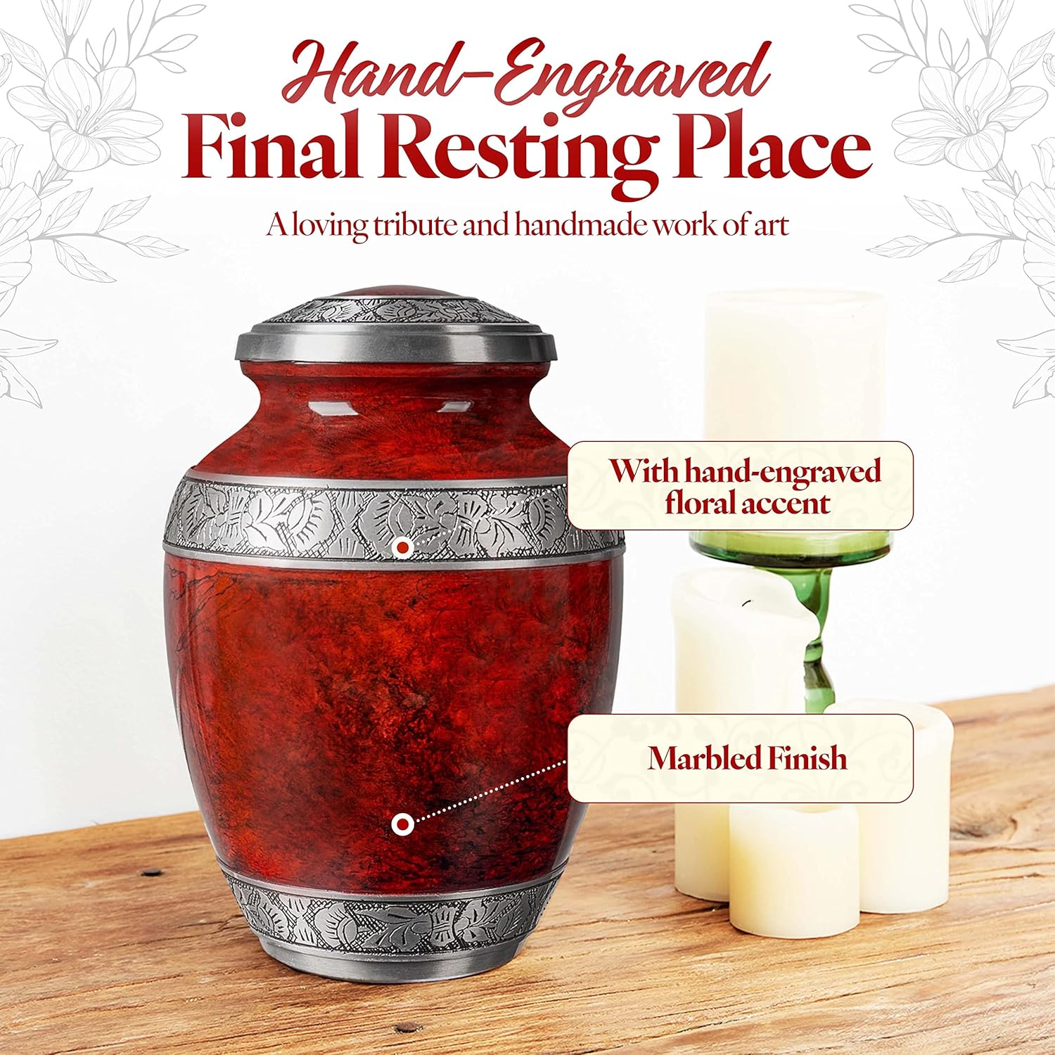 GSM Brands Cremation Urn for Adult Human Ashes - Large Handcrafted Funeral Memorial, Red Color (Aluminum - 9.6 x 6.8) - Image 2