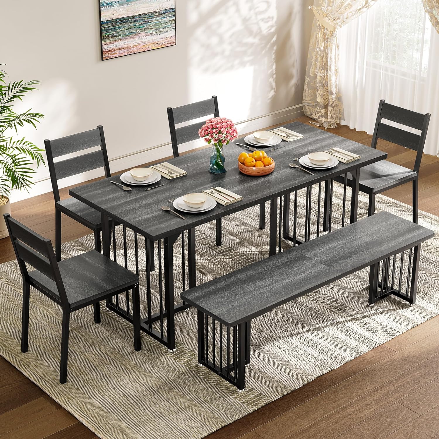 DWVO 6-Piece Dining Table Set for 6-8 People 63 Inch Kitchen Table Set with 2 Benches and 4 Chairs Farmhouse Rectangular Dining Room Table Set for Kitchen Dining Room Apartment Dark Grey DWVO 6-Piece Dining Table Set for 6-8 People 63 Inch Kitchen Table Set with 2 Benches and 4 Chairs Farmhouse Rectangular Dining Room Table Set for Kitchen Dining Room Apartment Dark Grey