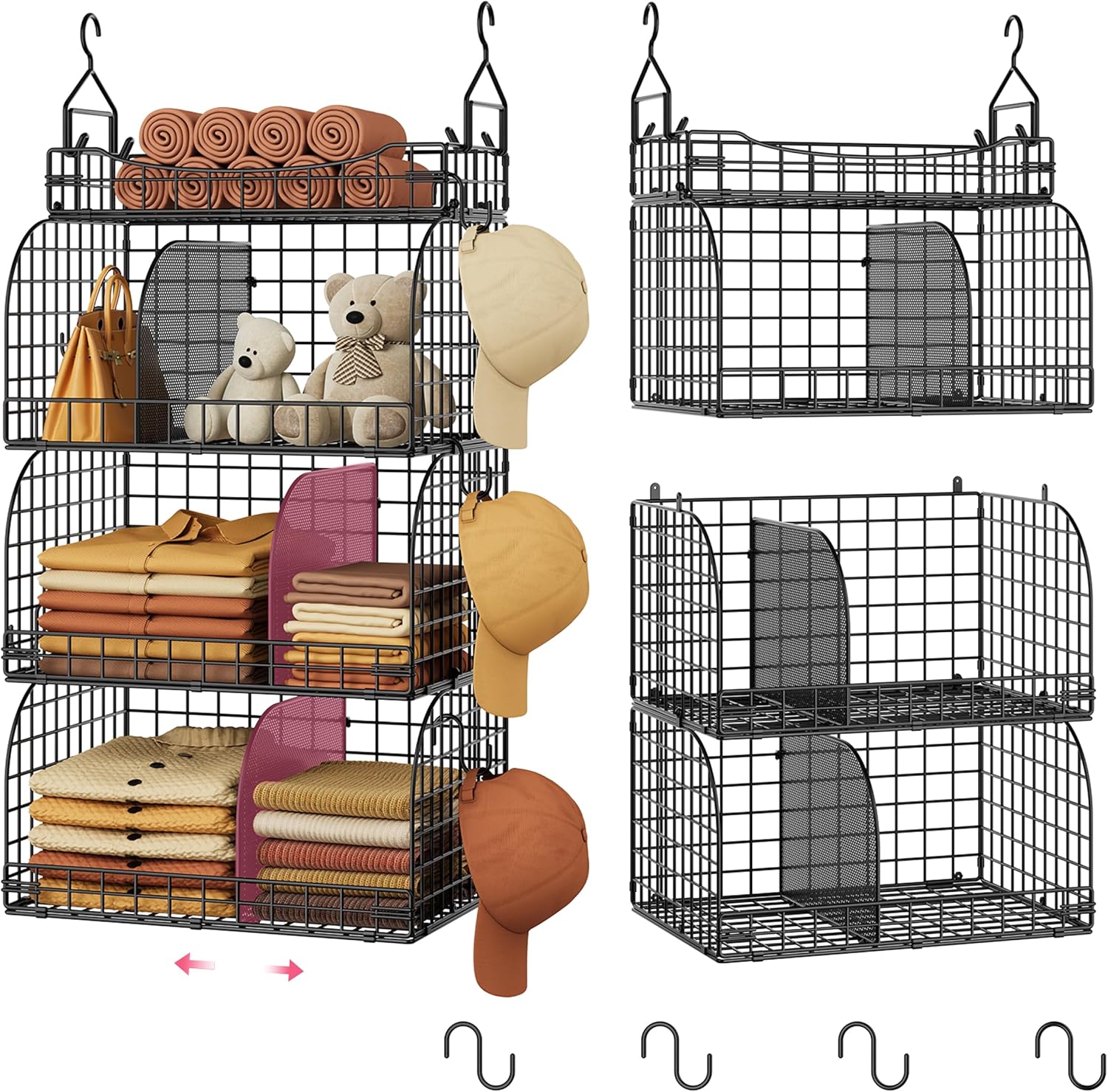 SWTYMIKI Hanging Closet Organizer Storage - 4 Tier Metal Stackable Hanging Closet Shelves with Dividers and S Hooks, Foldable Clothes Shelves for Clothes, Pants, Shoes, Coat, Hats Clutches Accessories