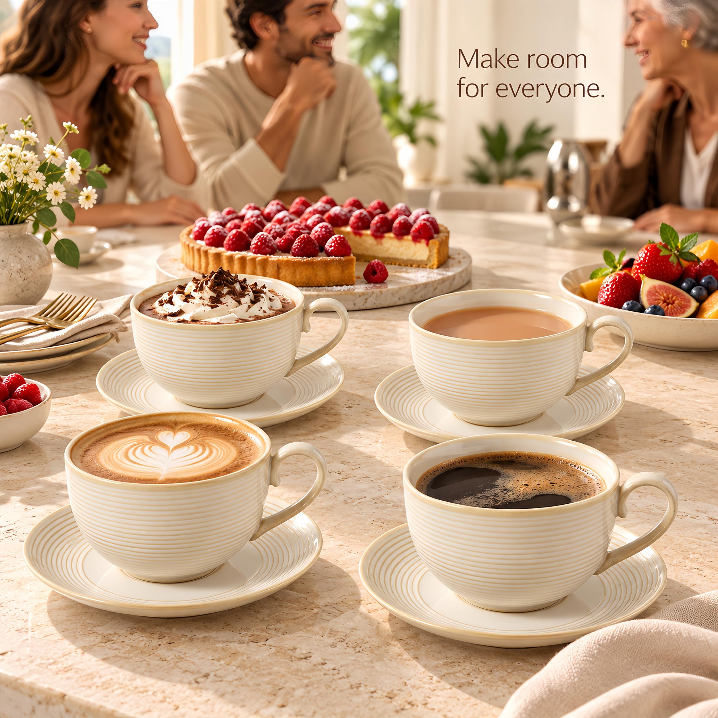 Feenmai 12Oz Coffee Cups with Saucers, Ceramic Cappuccino Cups Set of 4, Cappuccino Mugs Set, Tea Mugs and Saucer, Large Coffee Cup for Espresso, Latte, Microwave Dishwasher Safe Drinkware: Cup
