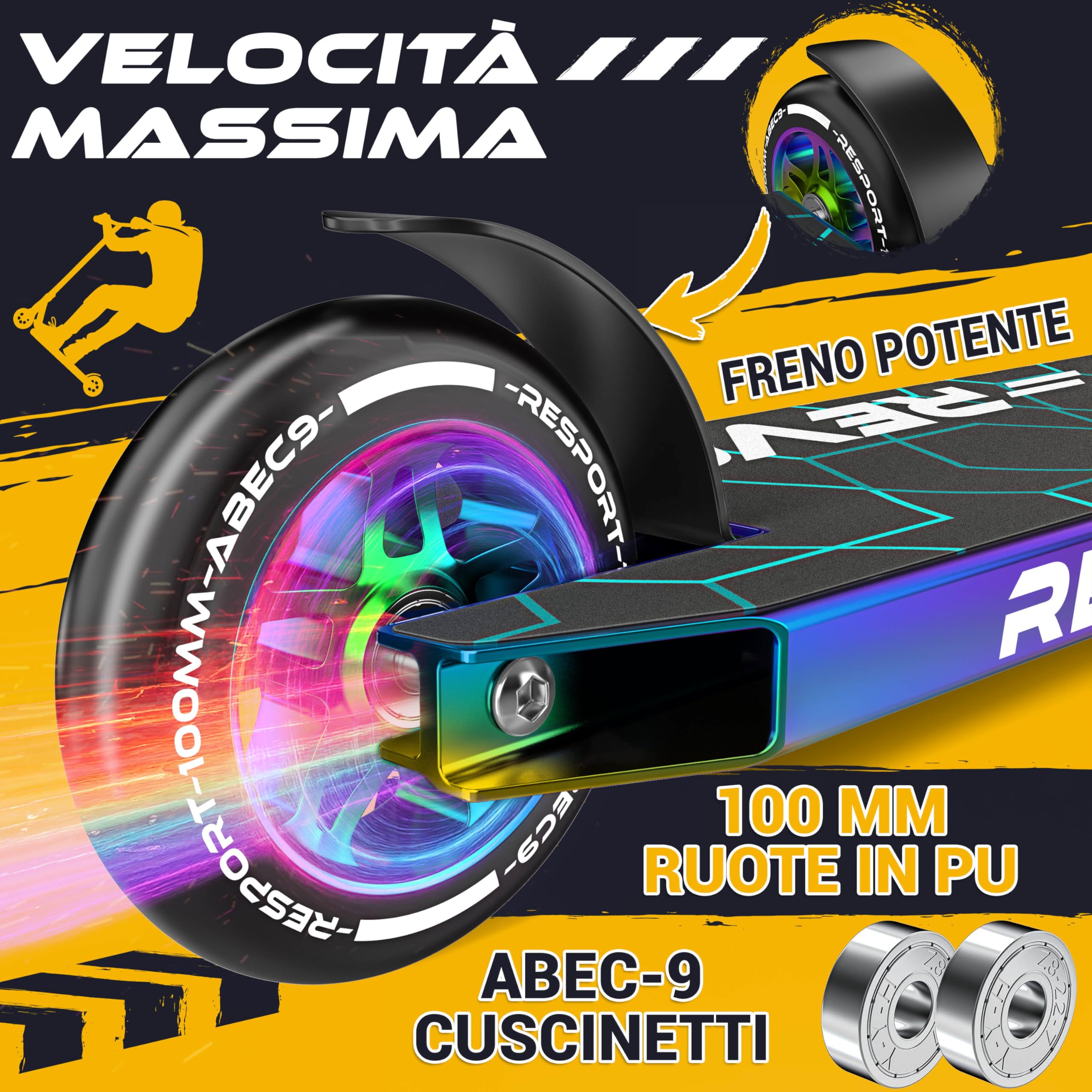 RE:SPORT Stunt Scooter REVO per bambini e adulti con supporto, 100 mm, ruote in poliuretano e Y-Bar, per acrobazia, scooter ABEC 9, cuscinetti a sfera
