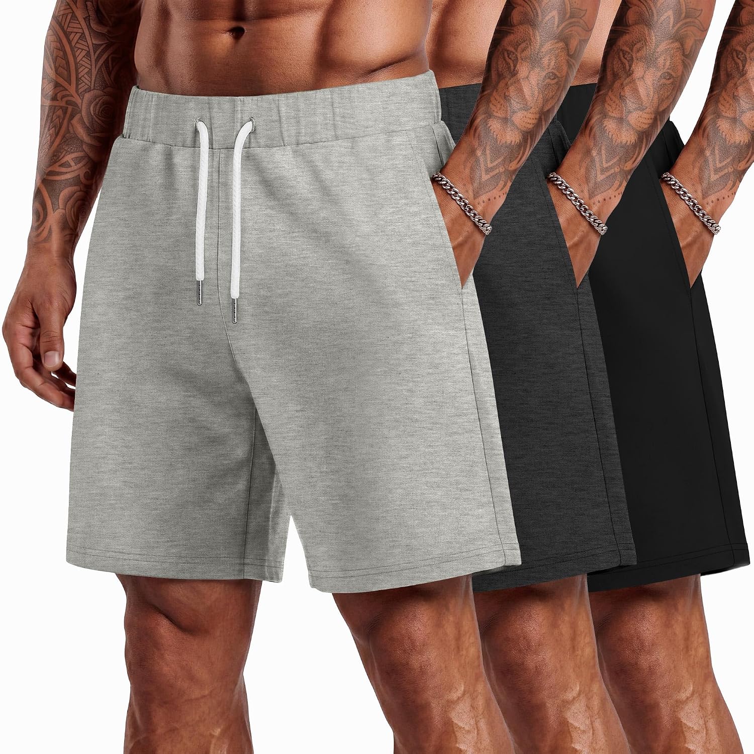 August Alley 3 Pack Men's Athletic Shorts 9" Active Lightweight Workout Running Drawstring Casual Sweat Shorts with Pockets