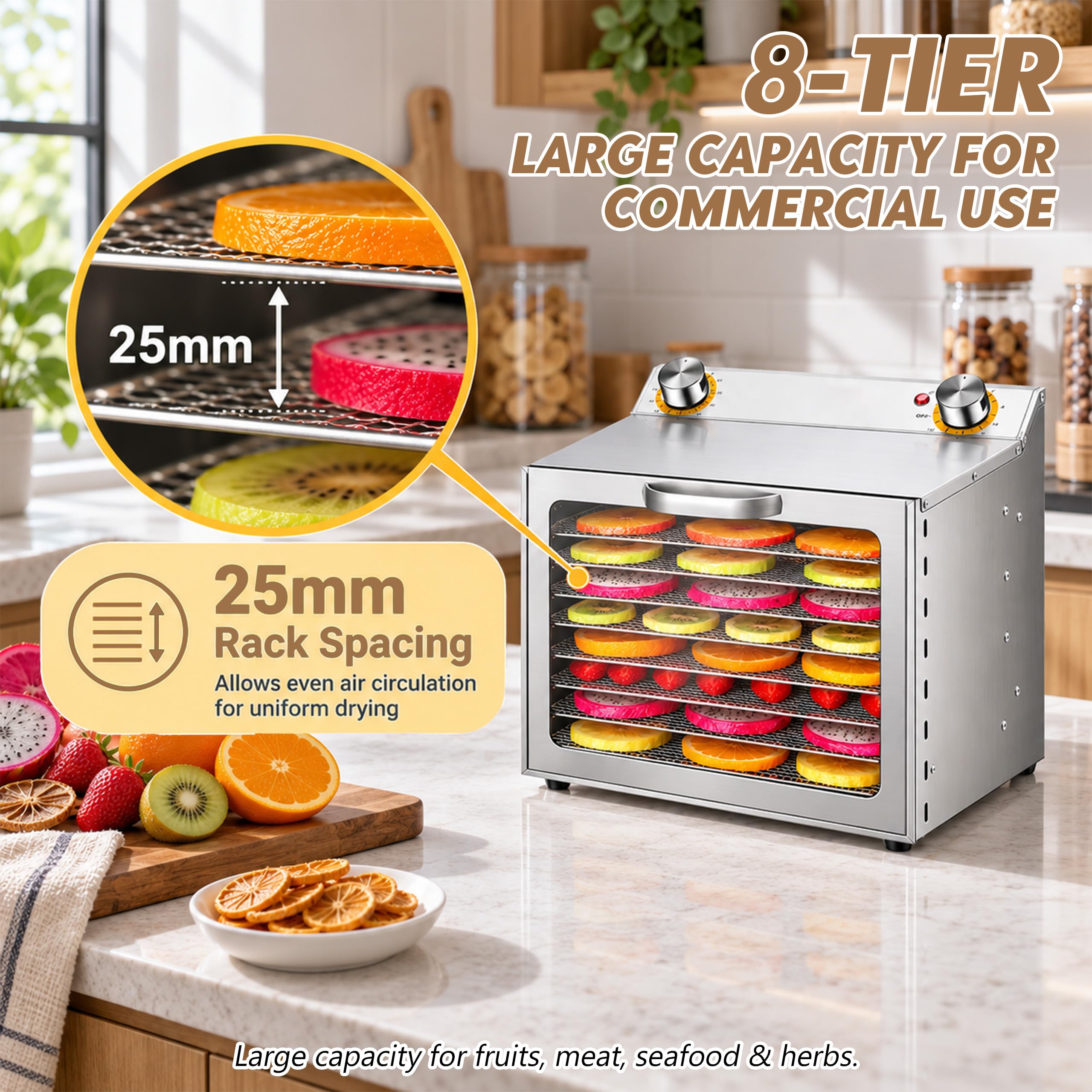 Deshidratador de alimentos de acero inoxidable 8 estantes, secador de