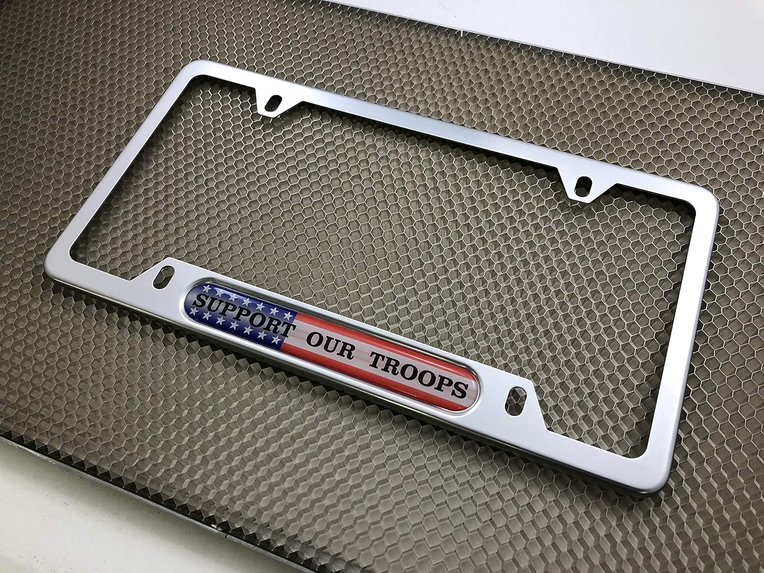USA Patriotic Anodized Aluminum Thin Top | Narrow Top Car License Plate Frame with Support Our Troops Design Insert with Free caps - Silver