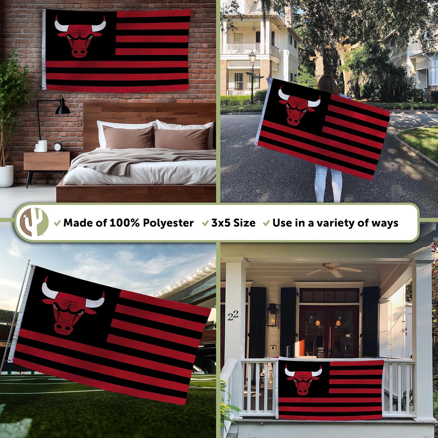 Desert Cactus Chicago Bulls CB Flag - 3 x 5 Feet Bulls Banner, Indoor/Outdoor Durable Fabric, 100% Polyester Design (Style K) - Image 3