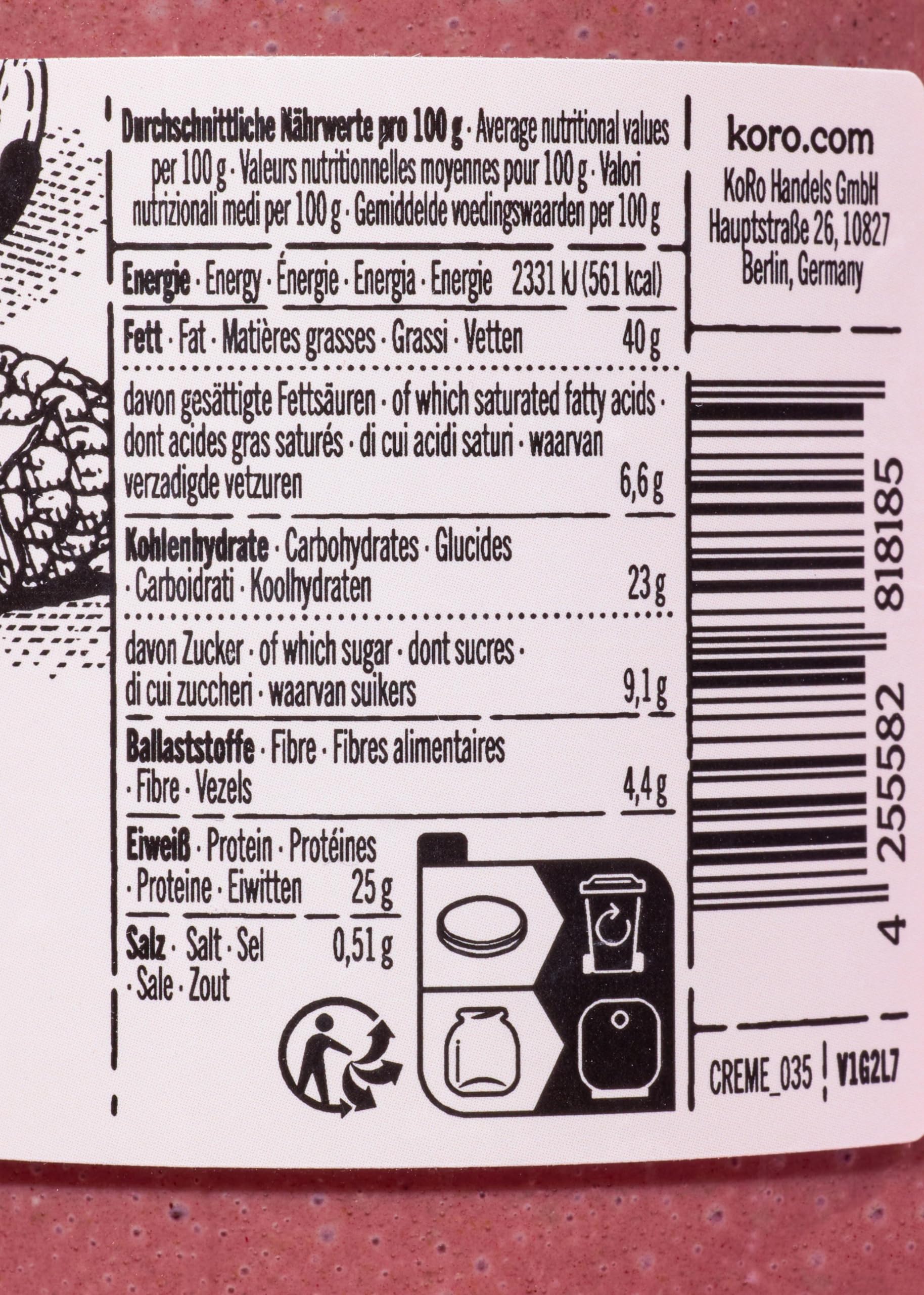 KoRo - Crema spalmabile proteica ai lamponi crunchy vegan 500 g - 62% di frutta secca - Senza olio di palma - Fonte di proteine vegetali