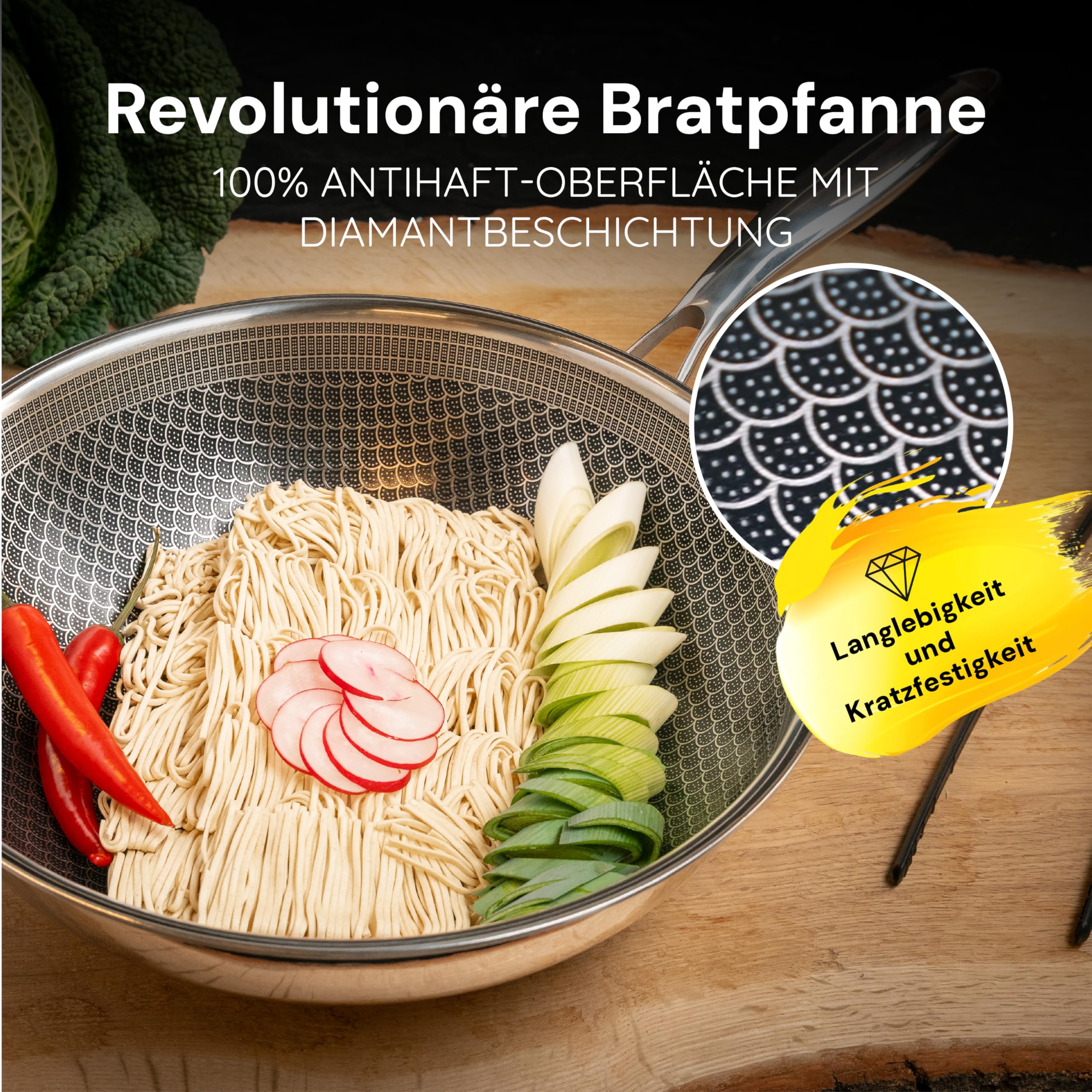 MISO Wokpfanne 28 cm Diamond Dust - Wokpfanne Keramik mit Antihaftbeschichtung, PFAS-frei, Kratzfest durch Diamantpartikel, Spülmaschinenfest, Induktion & Backofenfest bis 300°C