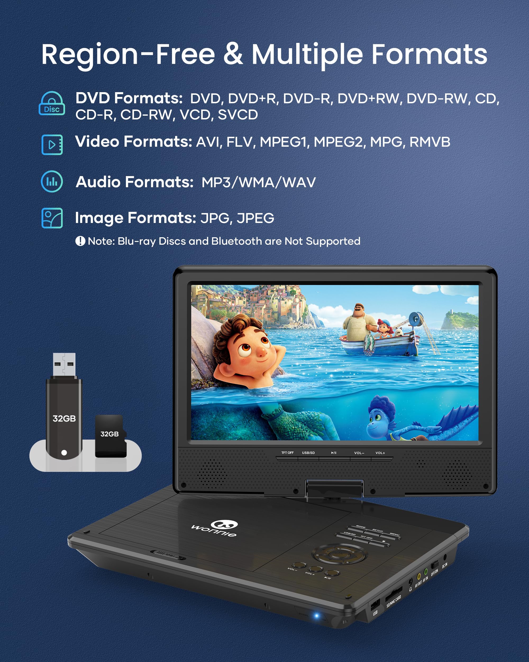 WONNIE 12,5 Zoll tragbarer DVD-Player mit 10,5 Zoll drehbarem HD-Bildschirm, mit Auto-Kopfstützenhülle, 5-Stunden-Akku, Autoladegerät und AC-Adapter, unterstützt USB/SD Karte/Sync-TV, alle Regionen