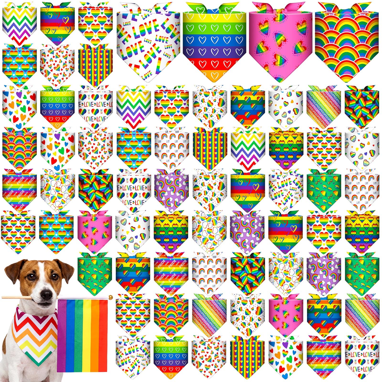 Hillban 72 Pack Pride Dog Bandanas Bulk, Rainbow Dog Bandana Soft Triangle Pet Scarf Colorful Heart Rainbow Love Pattern Pet Bandana for Groomers, Shelters & Parties, Small & Medium Dogs